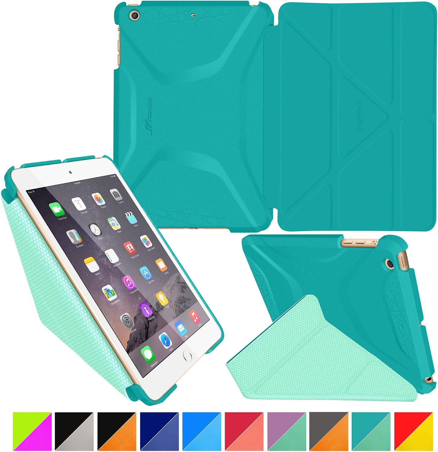 roocase iPad Mini 3 Case - Origami 3D iPad Mini Slim Shell Case Smart Cover with Sleep/Wake [Features Landscape, Portrait, Typing Stand] for Apple iPad Mini 3, 2 & 1, Turquoise Blue/Mint Candy