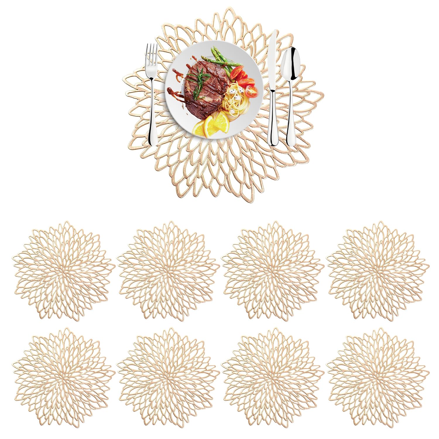 8 Pezzi Tovaglietta per Fiori Rotonda, Tovaglietta Dorate Hollow in PVC, Tovaglietta Rotonda Impermeabile per Presina Piatto, Decorazione da Tavola, Matrimonio, Ristorante(15 Pollici)