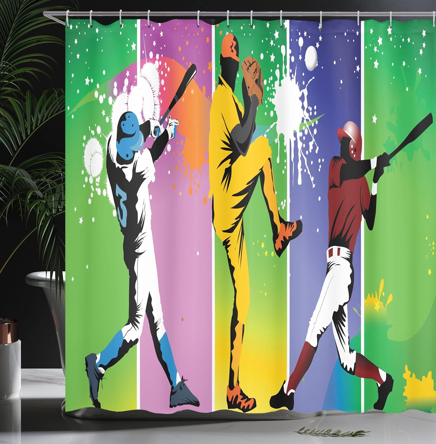 Ambesonne Baseball Shower Curtain, Players in Different Positions in Playground Action Catcher Pitcher Sports, Cloth Fabric Bathroom Decor Set with Hooks, 69" W x 70" L, Lime Green Purple Yellow