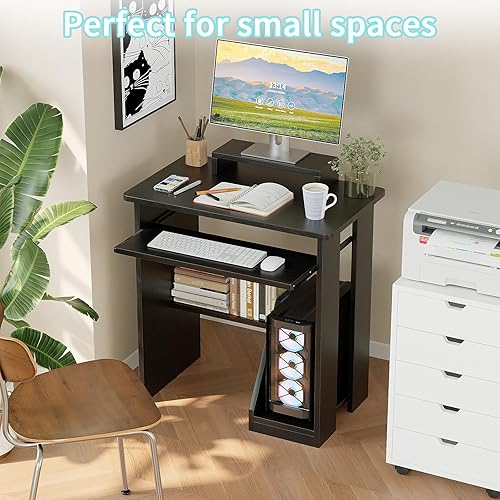 Miniatura 4 de ALISENED Escritorio pequeño de 76 cm para computadora con bandeja para teclado y soporte para monitor, escritorio de estudio y escritura con Negro