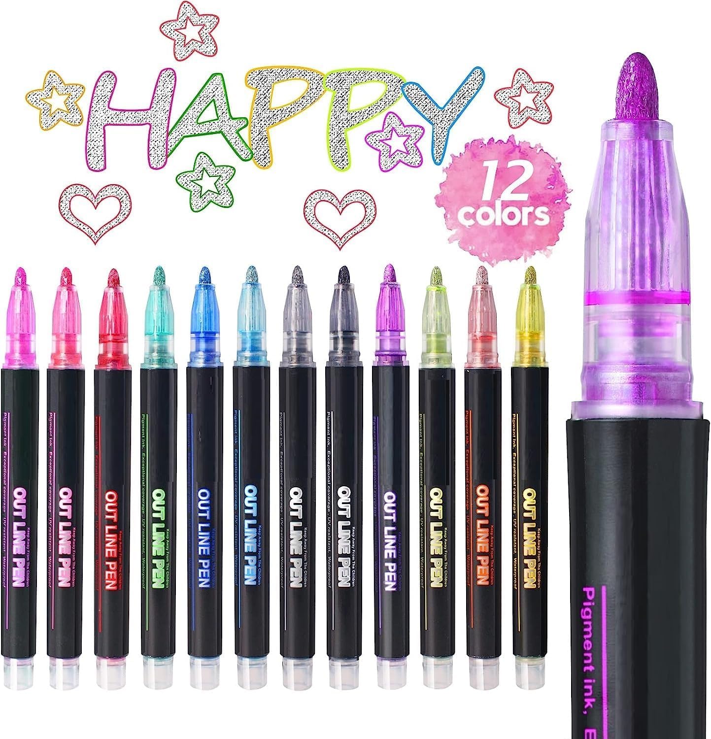 Outline Marker Pen Set – 12 Metallic Self-Outline Colors for Art| Double Line Glitter Pens for DIY Projects, Scrapbooks & Greeting Cards | Magic Ink with Auto Silver Outline-image-11