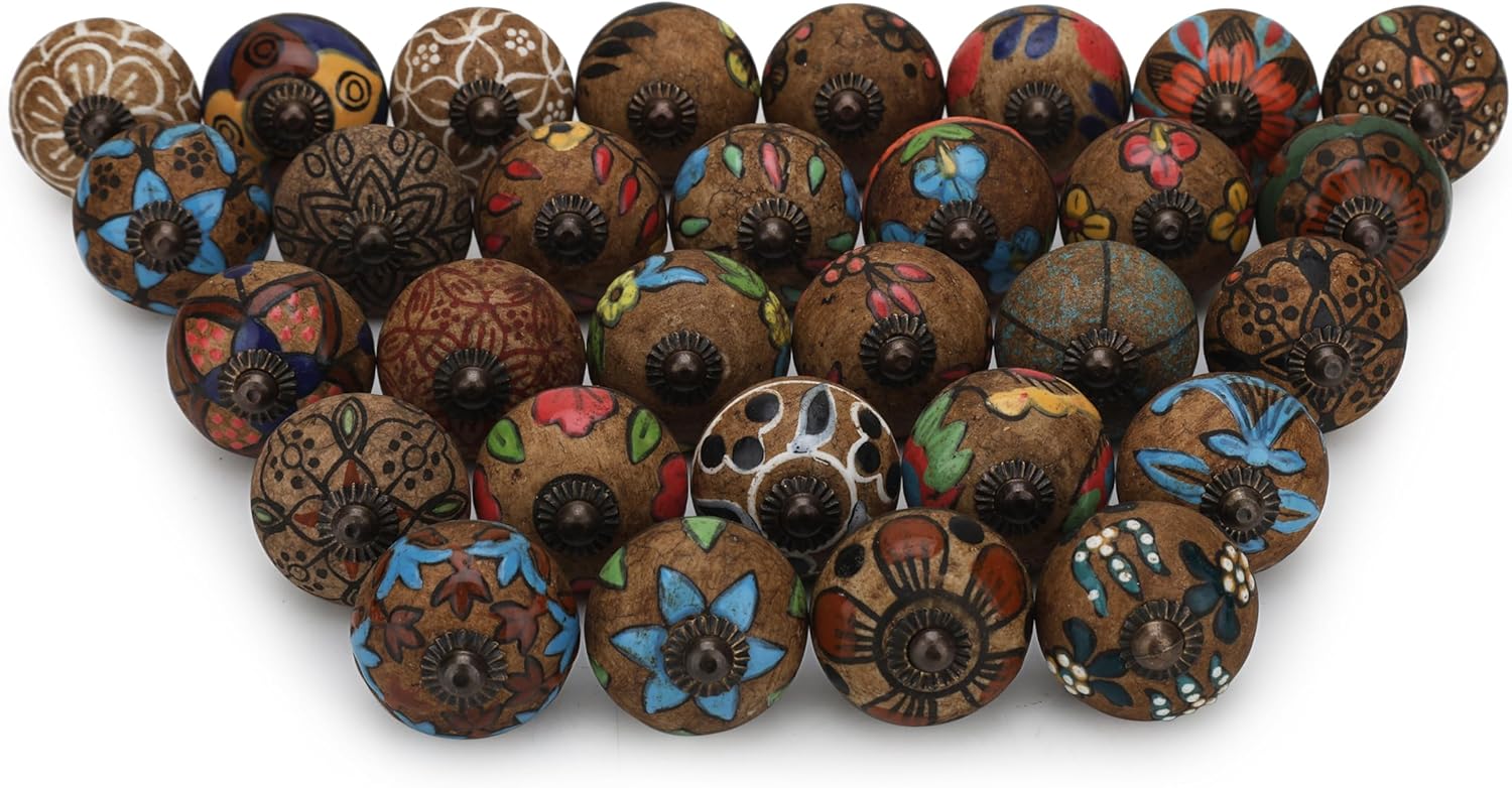 Craft Trade Ceramic Cabinet Knobs - Boho Knobs & Pulls for Drawers, Dresser, Closet Door Pulls, Kitchen & Bathroom Cabinets - Decorative Vintage Kitchen Hardware Handles - Brown, Set of 30