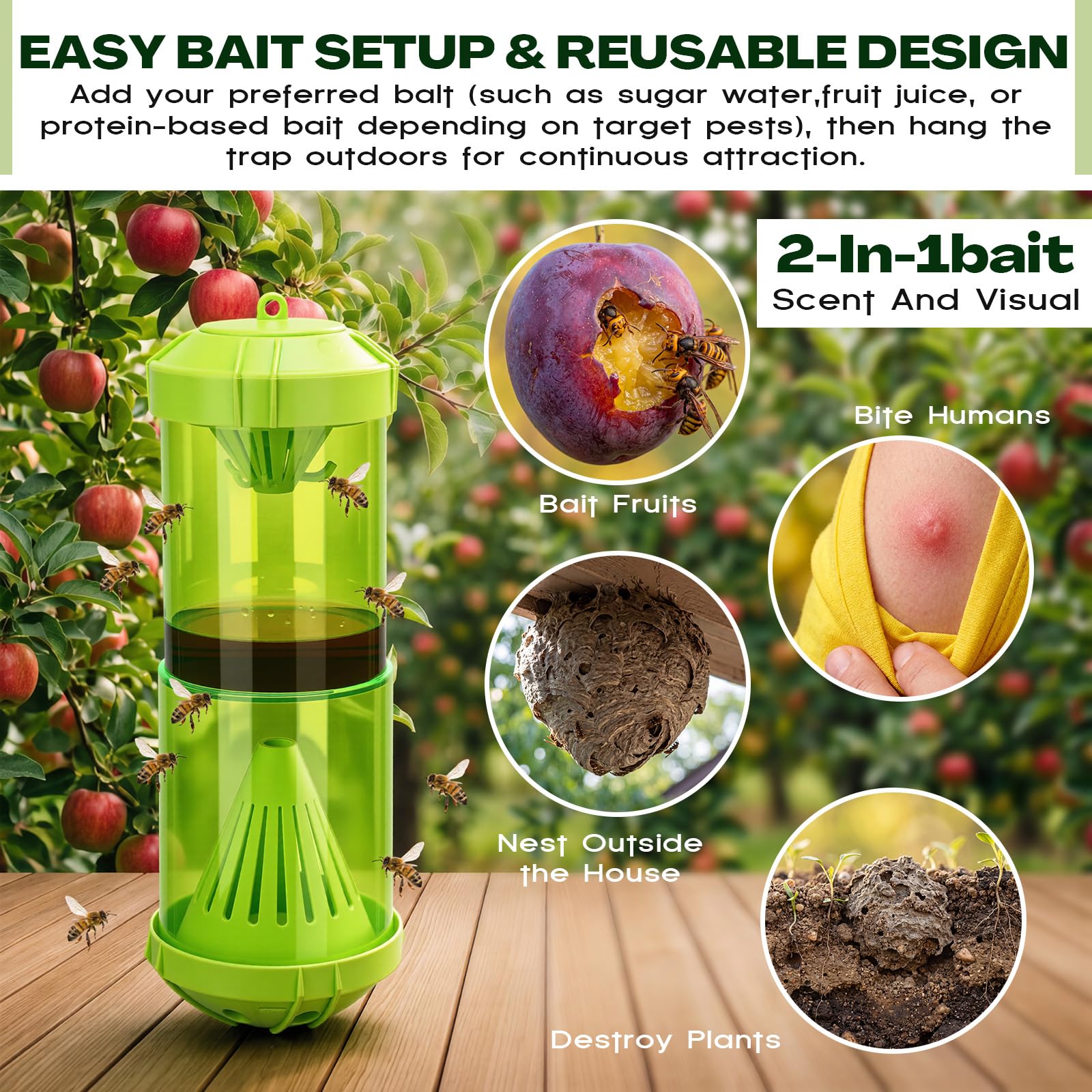 Lot de 4 pièges à guêpes d'extérieur Yellowjacket avec 8 recharges d'appâts naturels réutilisables à suspendre, piège à abeilles et frelons verts pour 24 semaines