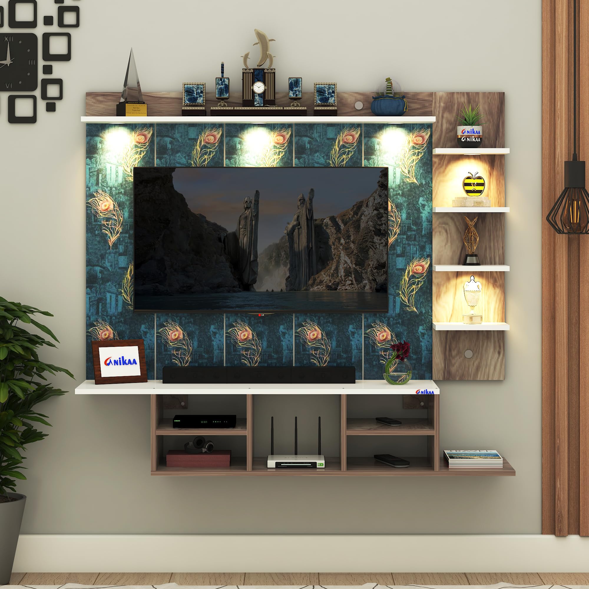 Charley Engineered Wood Wall Mount Peacock PVC Back Panel TV Unit with Spot LED Lights | TV Cabinet with Open Storage Box (CoachWood/White) | Ideal for UP to 43 Inch TVs - DIY Installation-image-14
