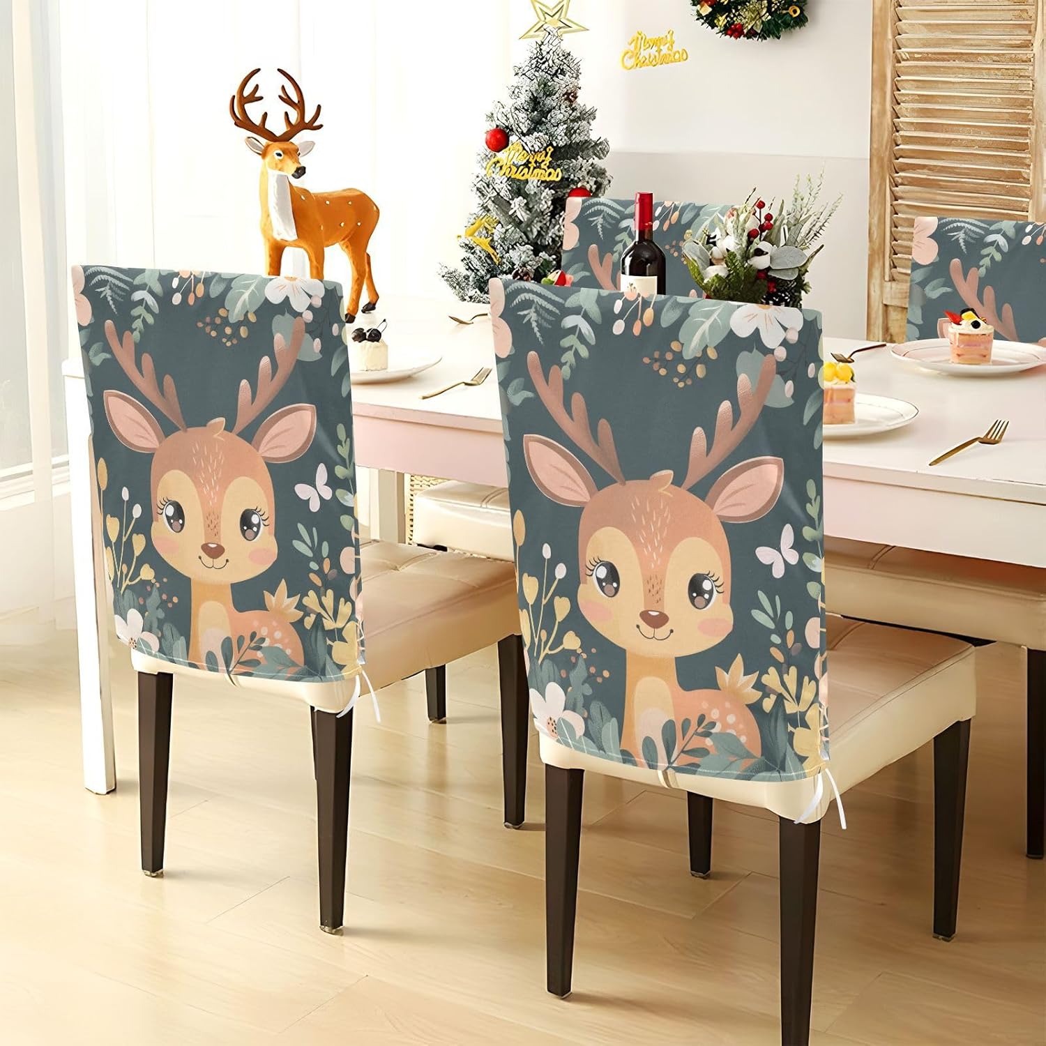 ALAZA Cute Deer Floral Chair Back Cover Set of 6, Washable Reusable Removable Chair Slipcovers Decorative Chair Cover for Home Kitchen Wedding Party