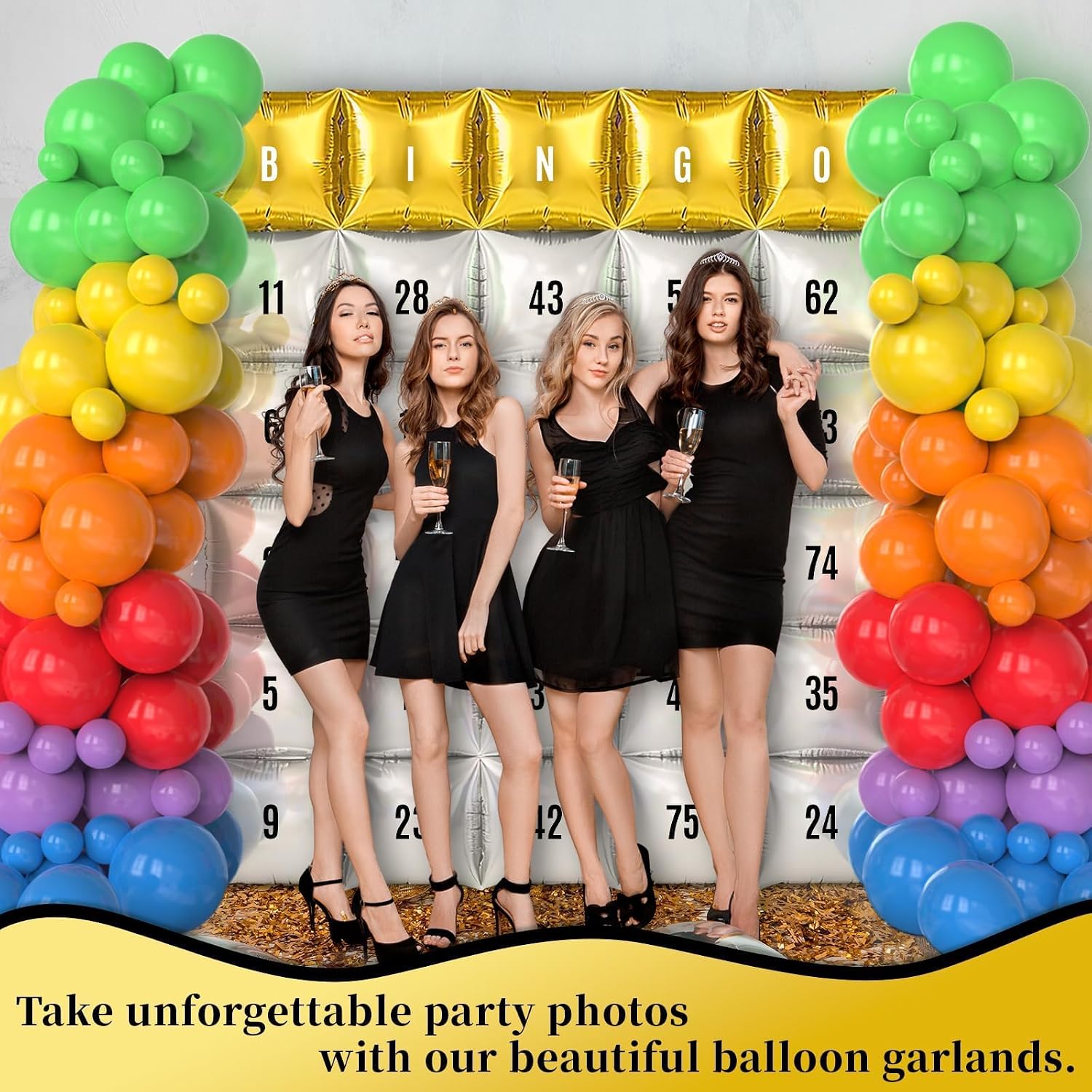 102Pcs Bingo Game Party Balloons Garland Arch Kit Black Gold and Silver Double Sided Square Foil Balloon Wall Backdrop with Colorful Latex Balloons & Letter Sticker for Bingo Party Birthday Decoration image 5