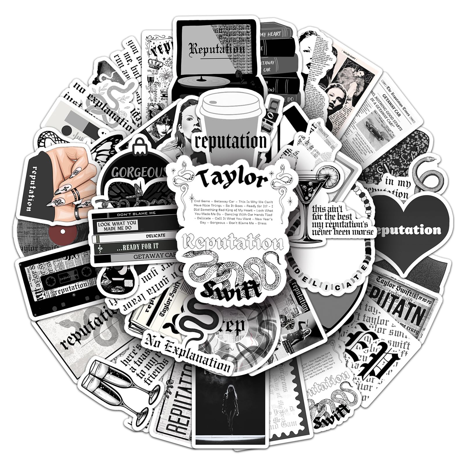 50Pcs Reputation Album Inspired Waterproof Stickers - Vintage Country Music Decals with Lyrics & Guitars - Durable Vinyl Set for Laptops, Journals, Tumblers