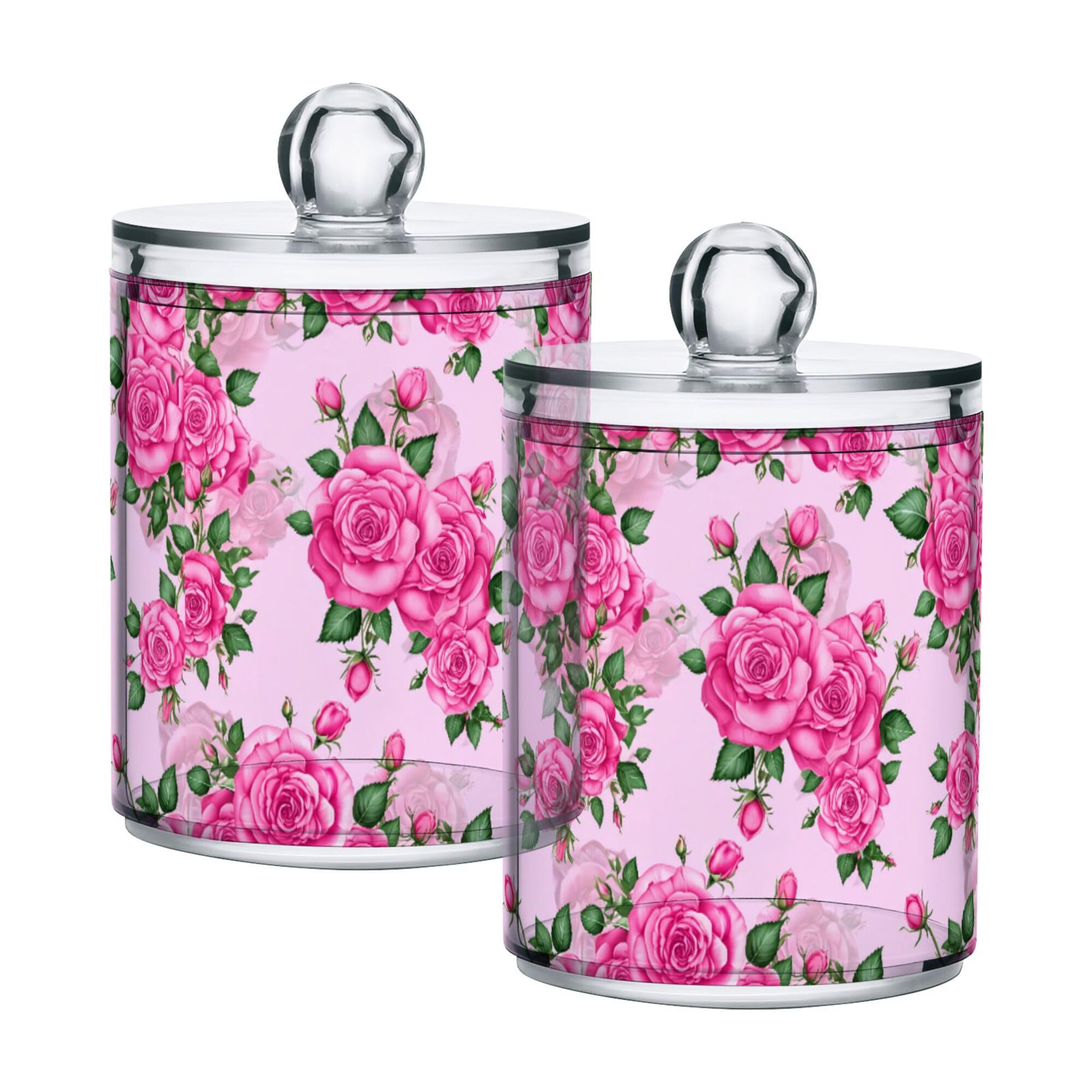 xigua 2 Pack Floral Roses Qtip Holder Dispenser with Lids 14 oz Bathroom Storage Organizer Set,Clear Apothecary Jars Food Storage Containers for Tea,