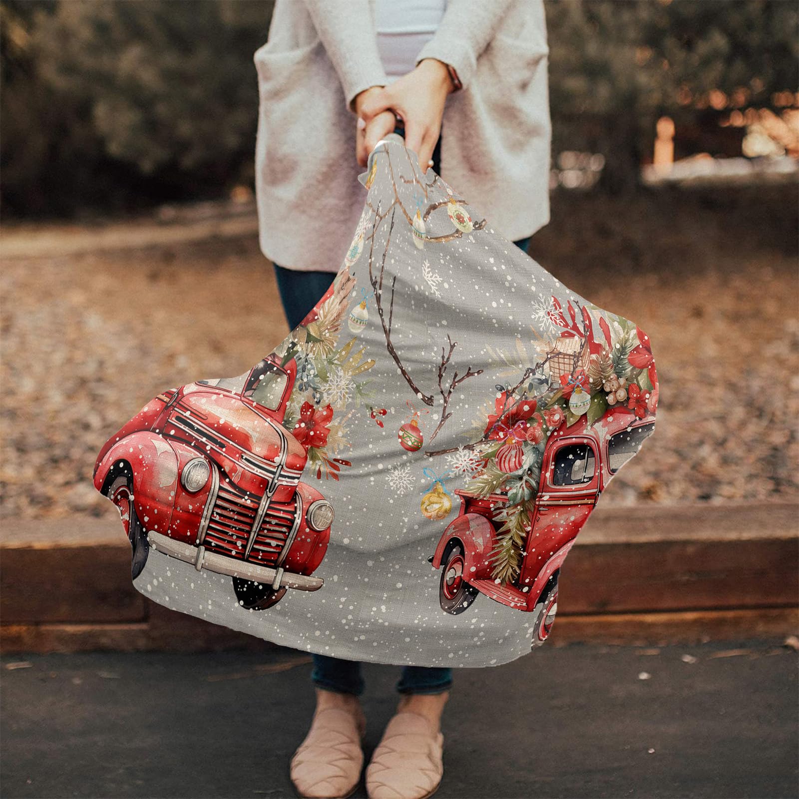 Nursing Cover for Breastfeeding Scarf, Merry Christmas Poinsettia Truck Grey Baby Car Covers Super Soft Multi Use for Canopy Shopping Cart Cover Blanket Stroller Cover