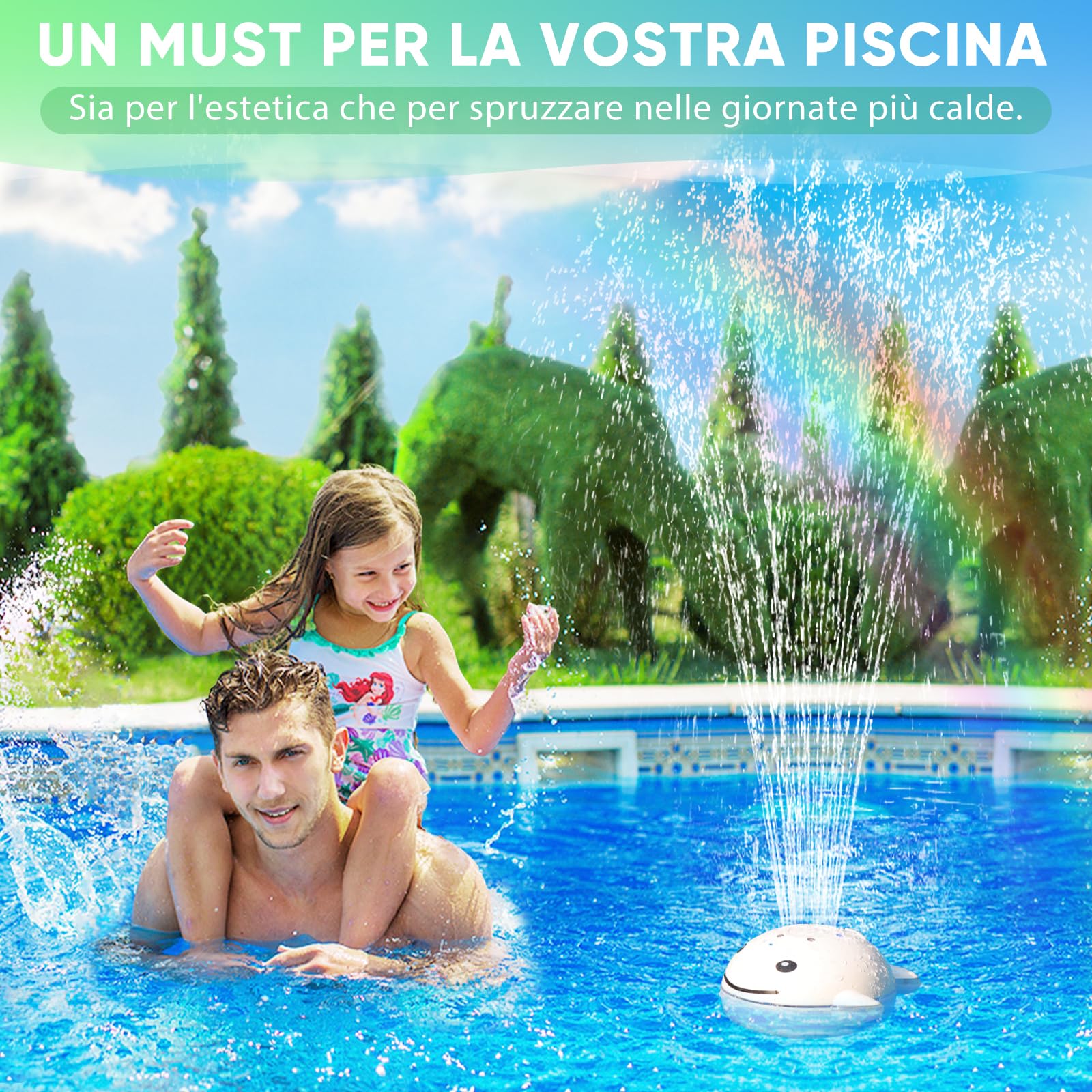 DeeprBling Fontana Galleggiante per Piscina con Spettacolo di Luci Subacquee, Fontana da Piscina a Batteria Ricaricabile, 2 Modalità di Spruzzatura con Telecomando e Pulsanti, 7 Modalità di Luce