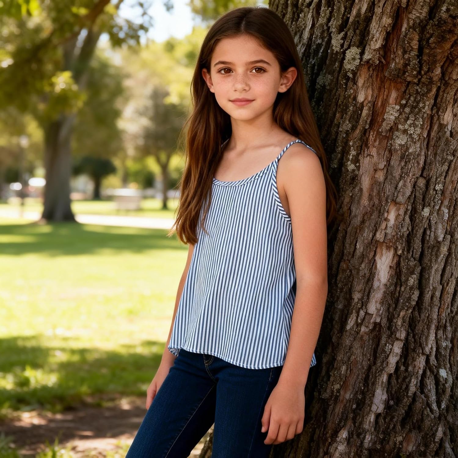 Girls Cotton Linen Shirts Summer Trendy Tee Short Sleeve Crew Neck Blouses Striped Spaghetti Strap Tees Casual Top