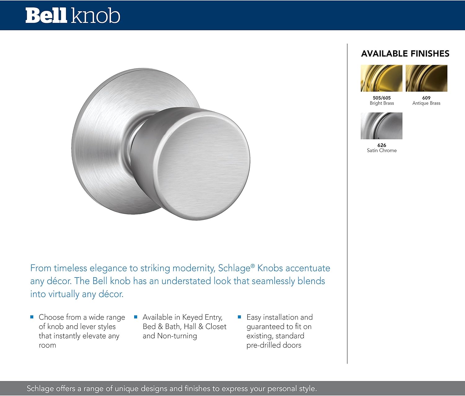 SCHLAGE Bell Knob Non-Turning Lock, Bright Brass (F170 BEL 605)