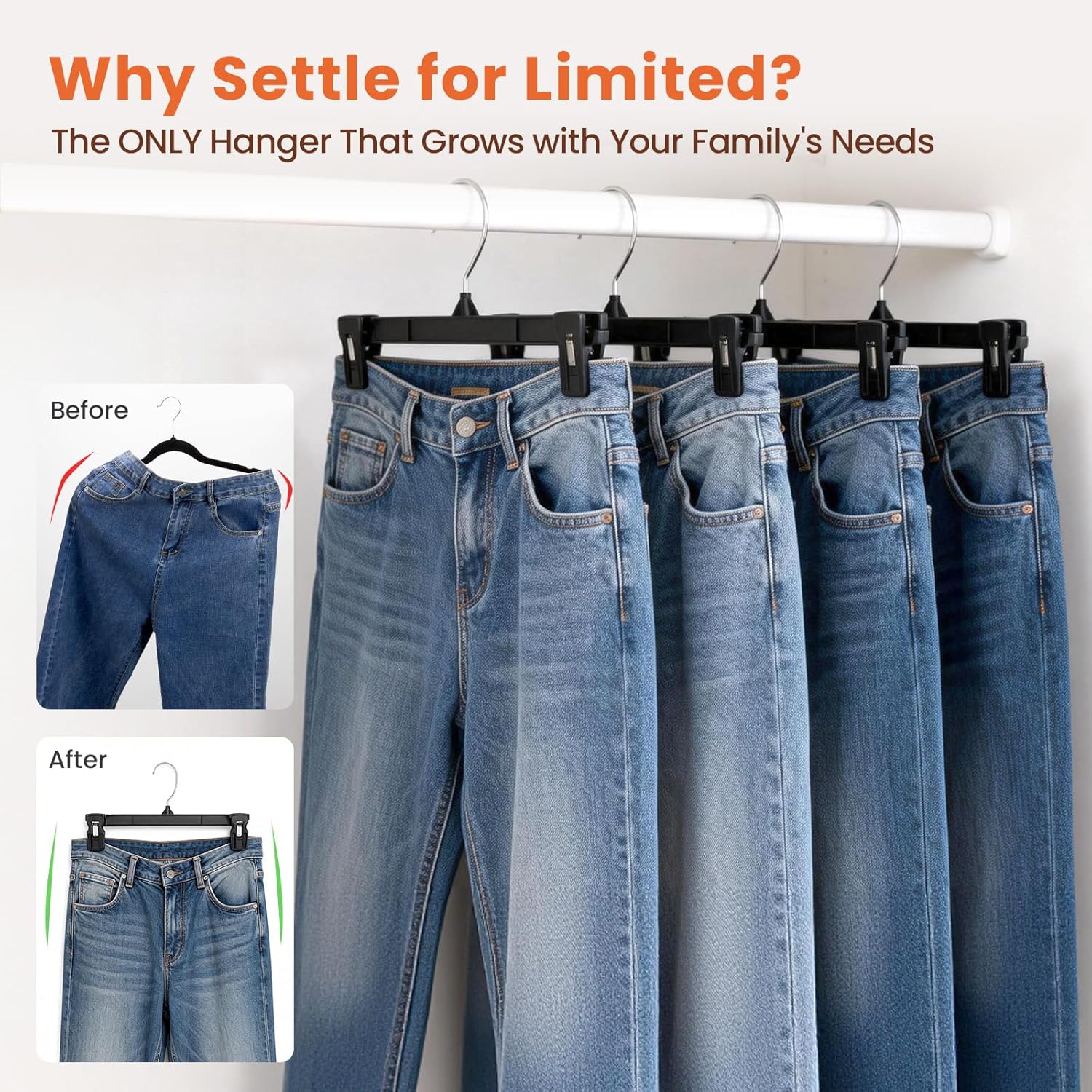 HOUSE DAY Black Pants Hangers 50 Pack, 12 Inch Skirt Hangers with Non-Slip Big Clips and 360° Swivel Hook, Heavy Duty Slim Plastic Pant Hanger, Space Saving Clip Hanger for Pants, Skirts, Shorts - Image 4