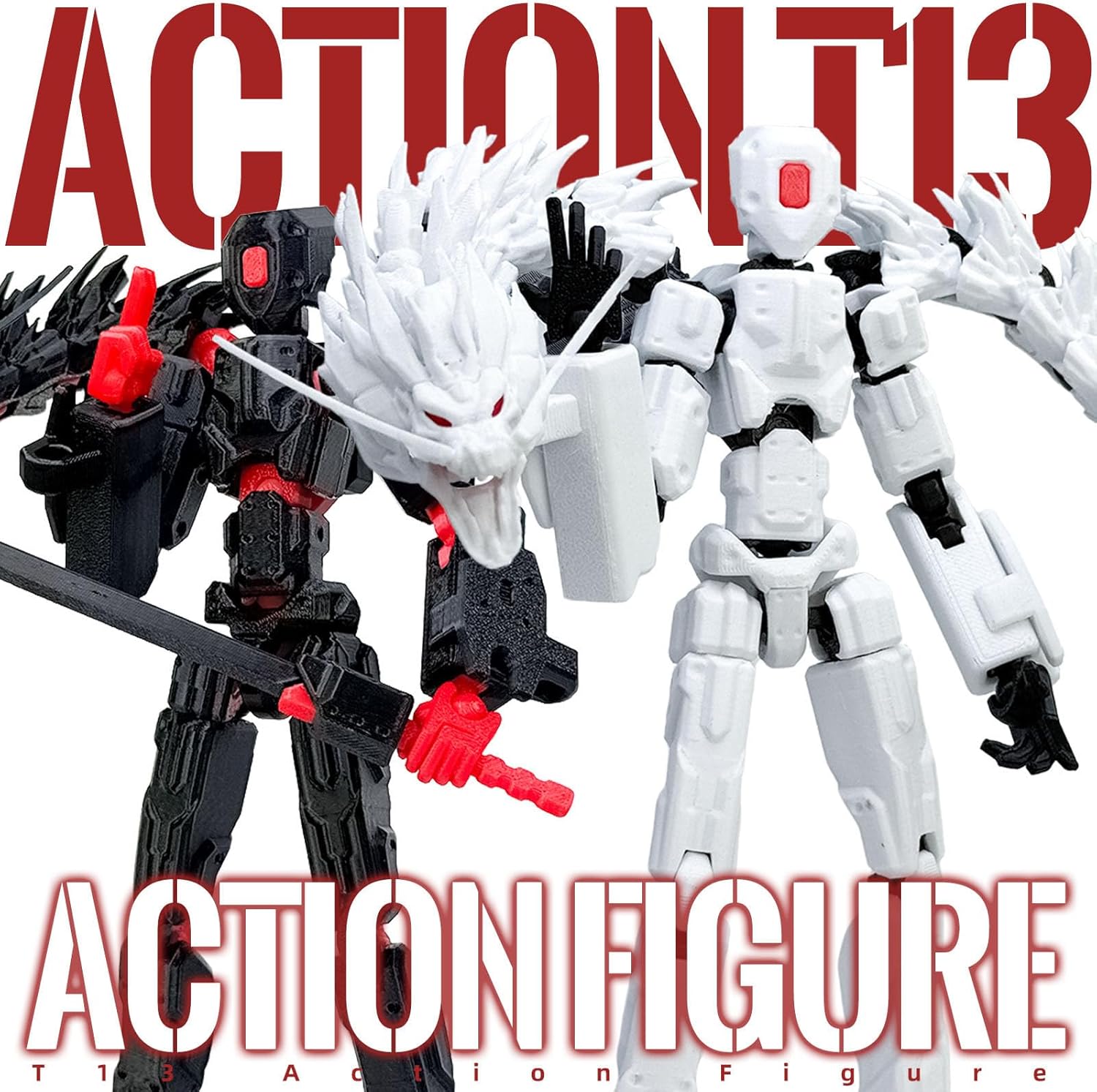 8inch T13 Assembly Completed Action Figure Set,T13 Multi-Jointed Movable There is a 3D Printed Dragon on his Body,for Collectors Desktop Decorations t-13 Movability 3D Printed Toys (Black red)