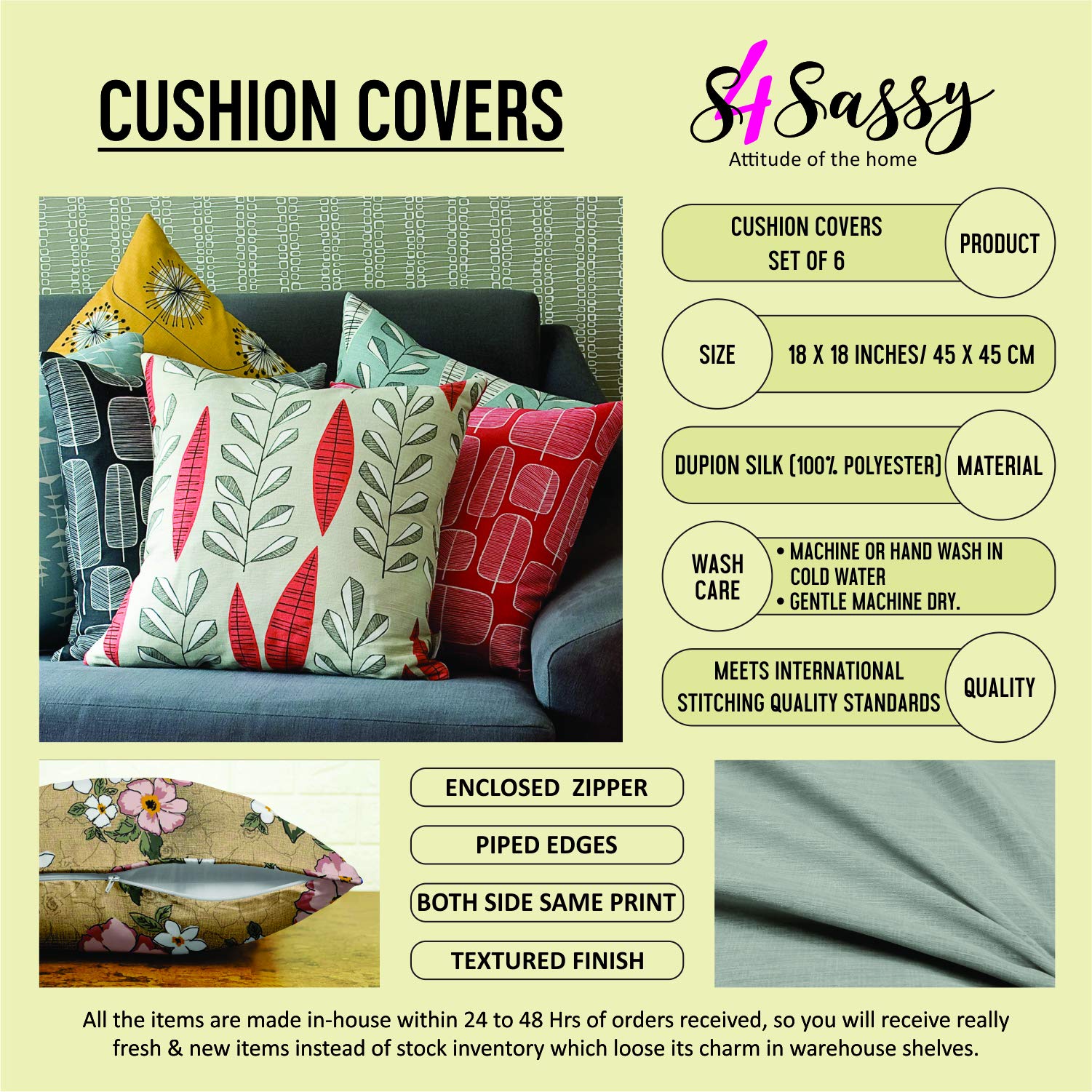S4Sassy Amarillo Paquete De 6 Funda De Cojín De Sofá Poli Dupion Cuadrado Decorativo para El Hogar Flor Floreale Funda De Almohada Impresa-18 x 18 Pouces