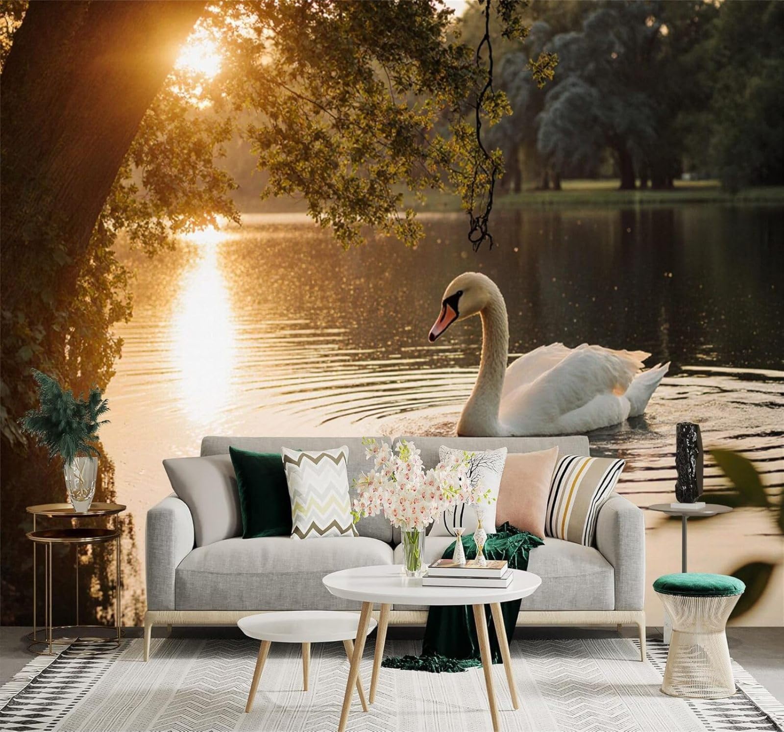 XLMING Sunset Lake Swans Calm Water Reflection Golden Rays 3D Wallpaper Silky Texture Home Study Office Grey Dining Room Sofa Bedroom Living Room TV Backdrop-350cm×256cm