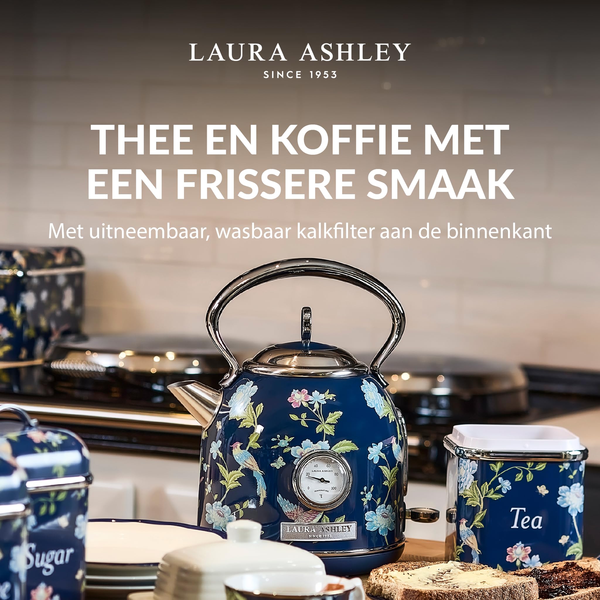 VQ Laura Ashley Bezprzewodowy Elektryczny Czajnik Elveden Navy - Pojemność 1,7 Litra, 2,2 kW Szybkie Gotować, Ochrona Przed Przegrzaniem i Wskaźnikiem Temperatury Vintage Czajnik