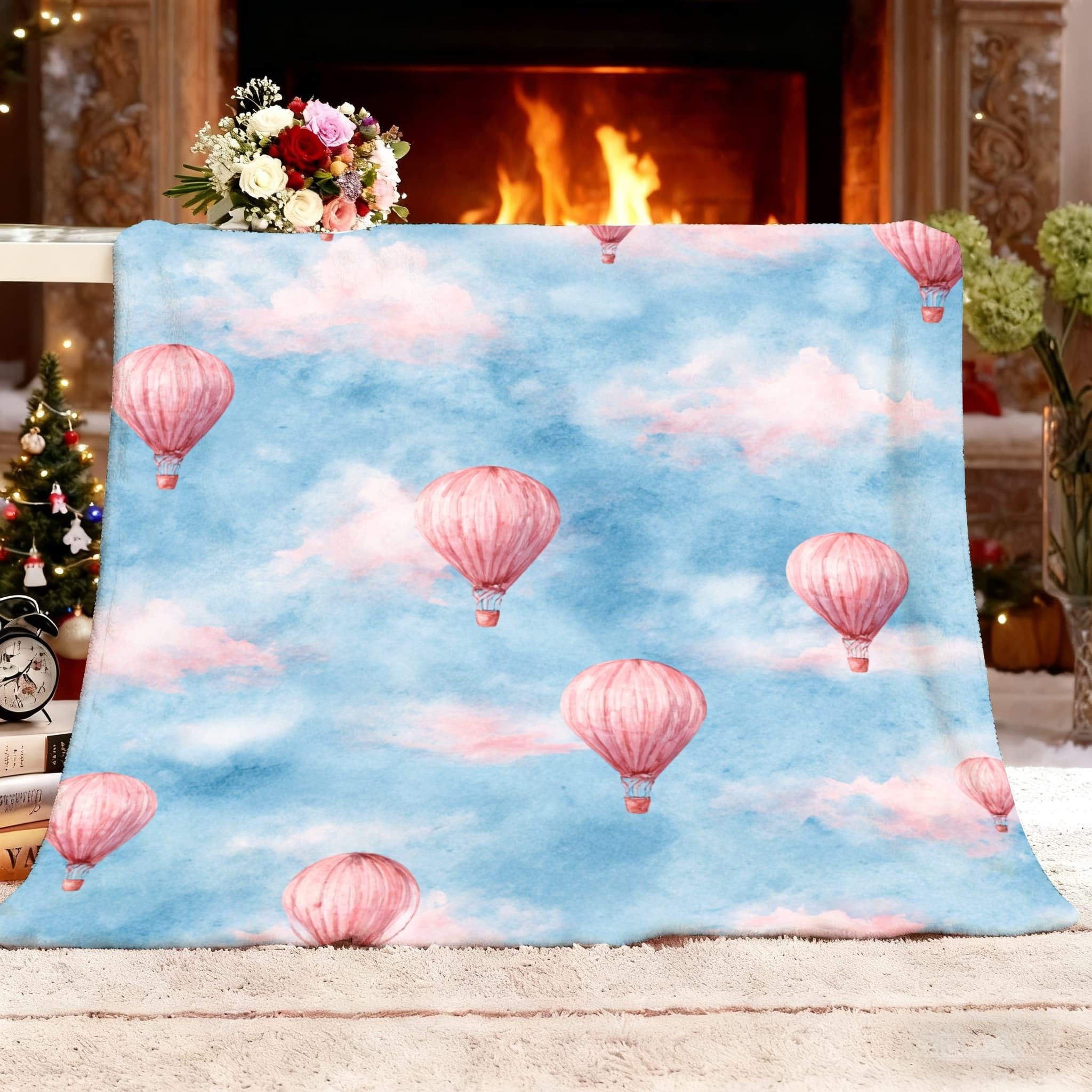 Koc polarowy, sherpa, puszysty, flanelowy, super king, 180 x 220 cm, romantyczny akwarela, balon na gorące powietrze, miękki, ciepły, przytulny, narzuta, koc, niebieski, do sypialni, salonu, biura