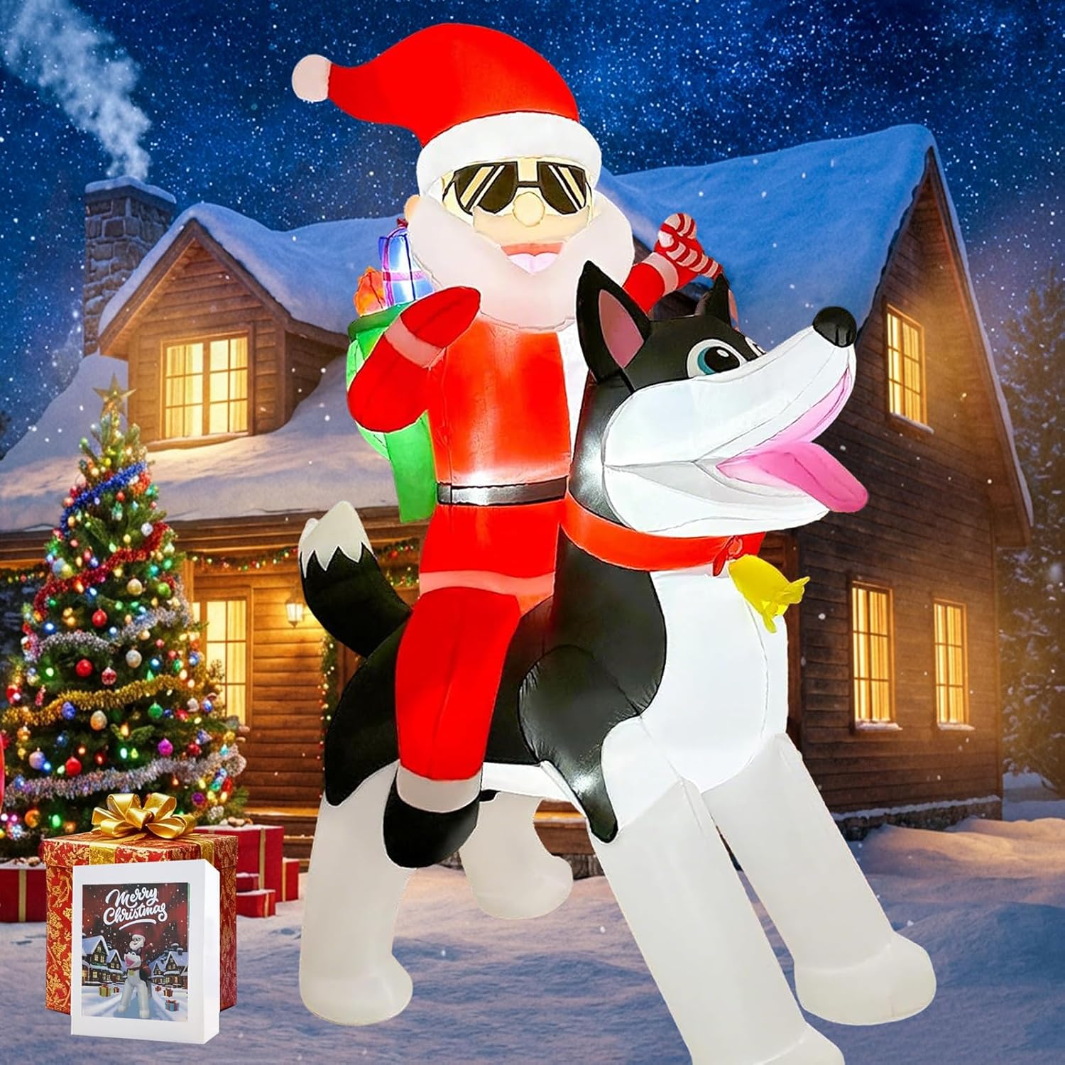 8FT Christmas Inflatable Decoration, Santa Claus Riding a Husky Inflatable Dog with LED Lights, Outdoor Yard Inflatable Decorations, Giant Blow Up Xmas Decoration for Garden Lawn Party