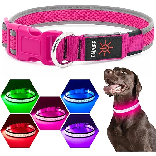 Flashseen LED Dog Collar, USB Rechargeable Light Up Dog Collar Lights, Adjustable Comfortable Soft Mesh Safety Dog Collar for Small, Medium, Large Dogs(Small, Candy Pink)