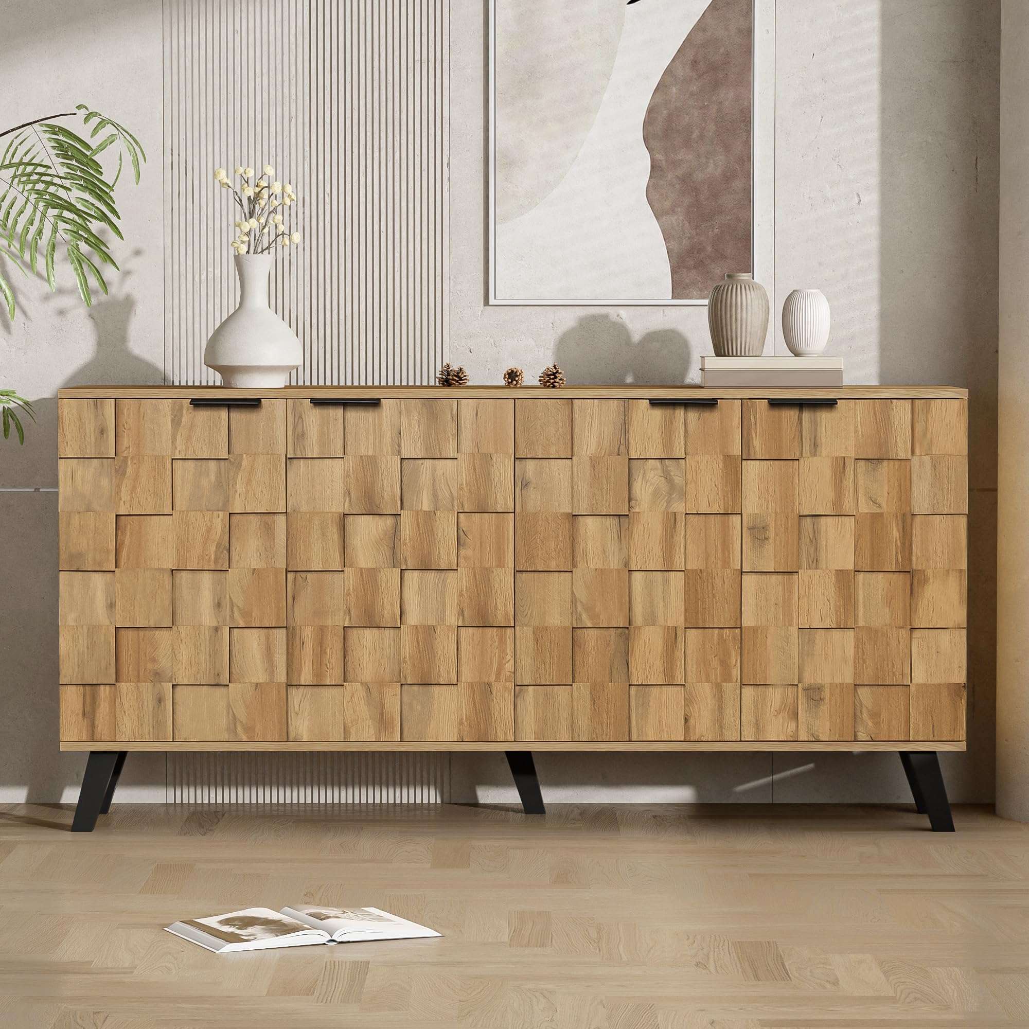 Credenza Moderna Con 4 Ante, 160.5x35.5x78 Cm, In Truciolato, Con Ripiani Regolabili, Per Soggiorno E Sala Da Pranzo - 4