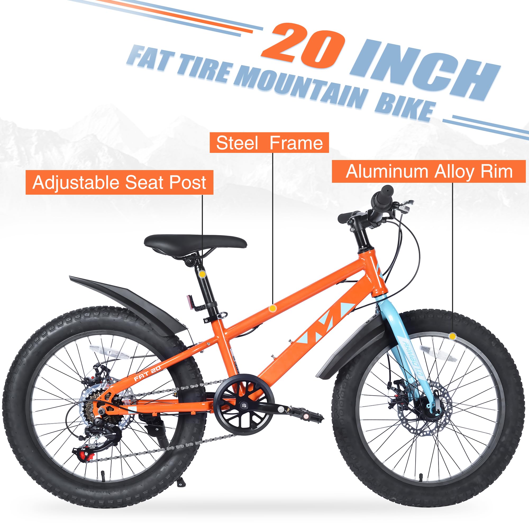 WEEROCK 20 Inch Kid Mountain Bike Kids MTB Child MTB Snow Bicycle with 7 Speeds, Steel Frame, 20 * 3.0 Inch Fat Tires for 5+ Years Old Boys, Girls, Children,Students, Junior, Orange