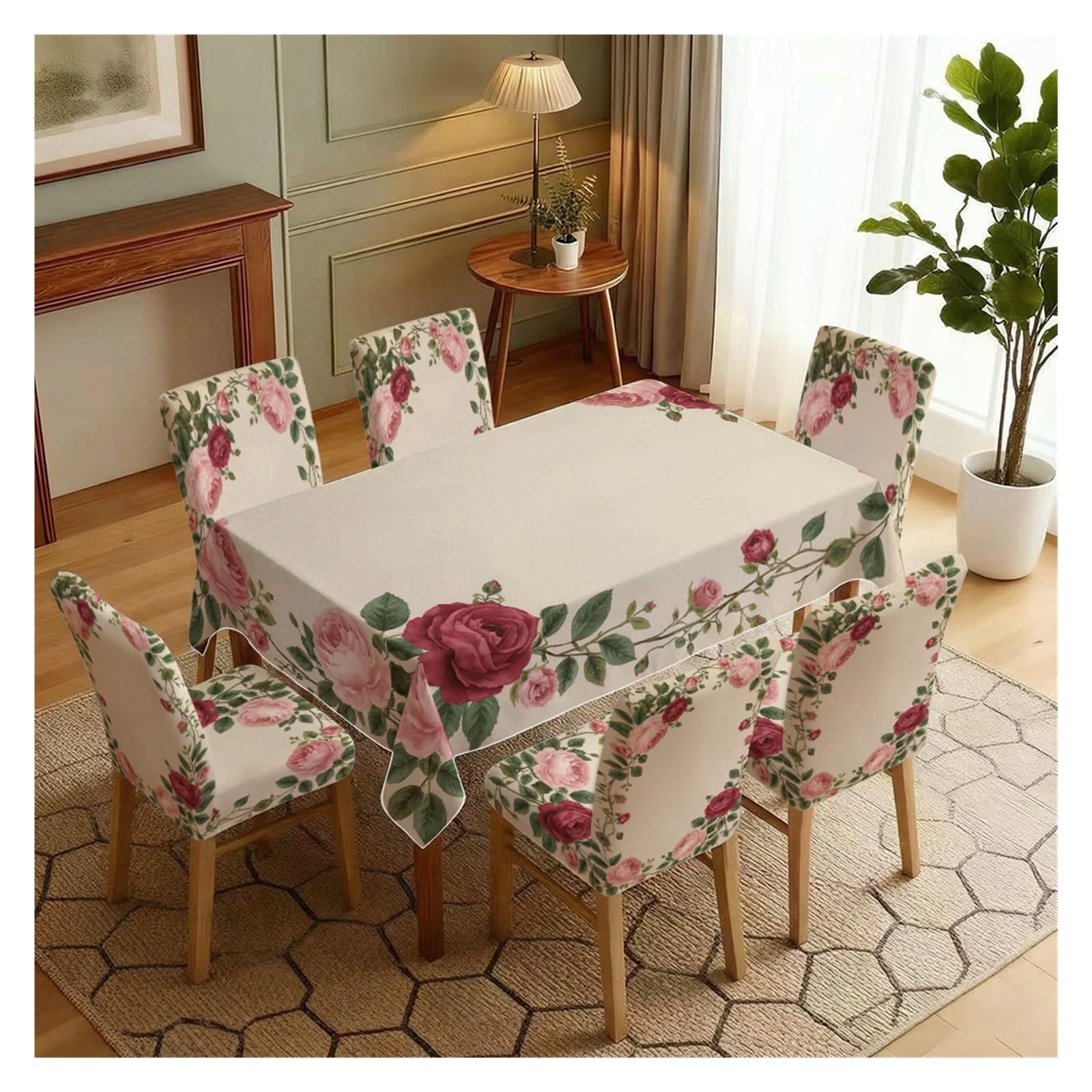 BOSUYBN Vintage Rose Garland Dining Chair Covers & Tablecloth Set, 5/7 Piece Cream Background Slipcovers For Cottagecore Home Decor Table Setting(7pcs Set: Tablecloth+Chair Covers)