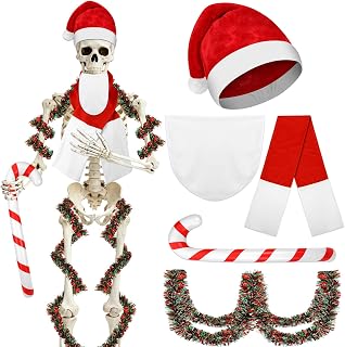 DECYOOL 12ft Skeleton Outfit Christmas Costume Accessories Set | Indoor Outdoor Garden Props, Holiday Festival Decor, 12ft Set With Hat Scarf Beard Tinsel Garland Inflatable Candy Cane