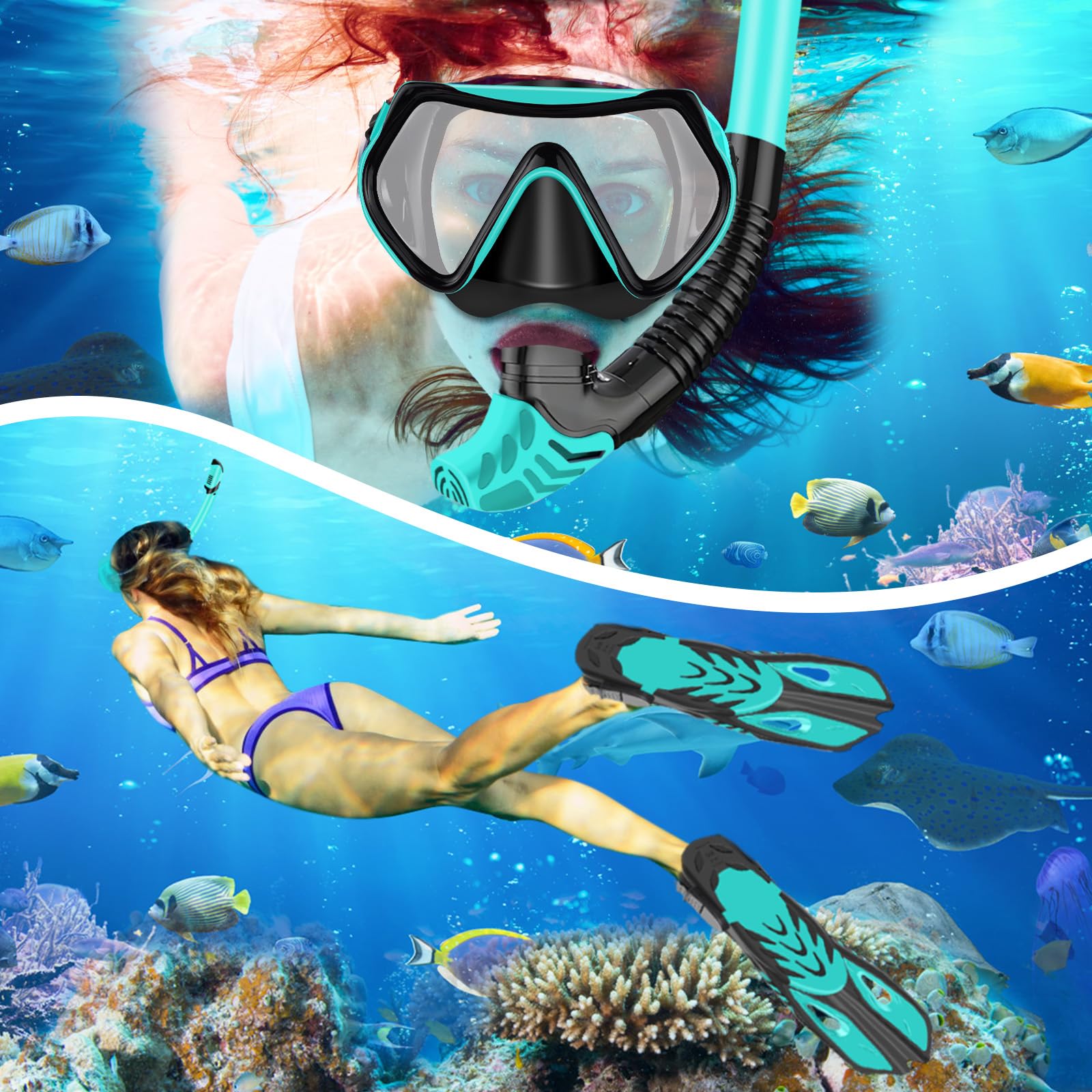 IEEILULU Set de Snorkel para Adulto, Esnórquel Settauch Set con Gafas de Buceo, Tubo de Respiración Semiseco y Aletas Ajustables, Snorkel Set para Adulto Aventura Submarina