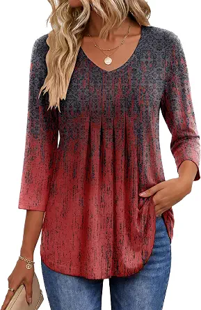Ekouaer 3/4 Sleeve Women's V-Neck Blouse with Pleats