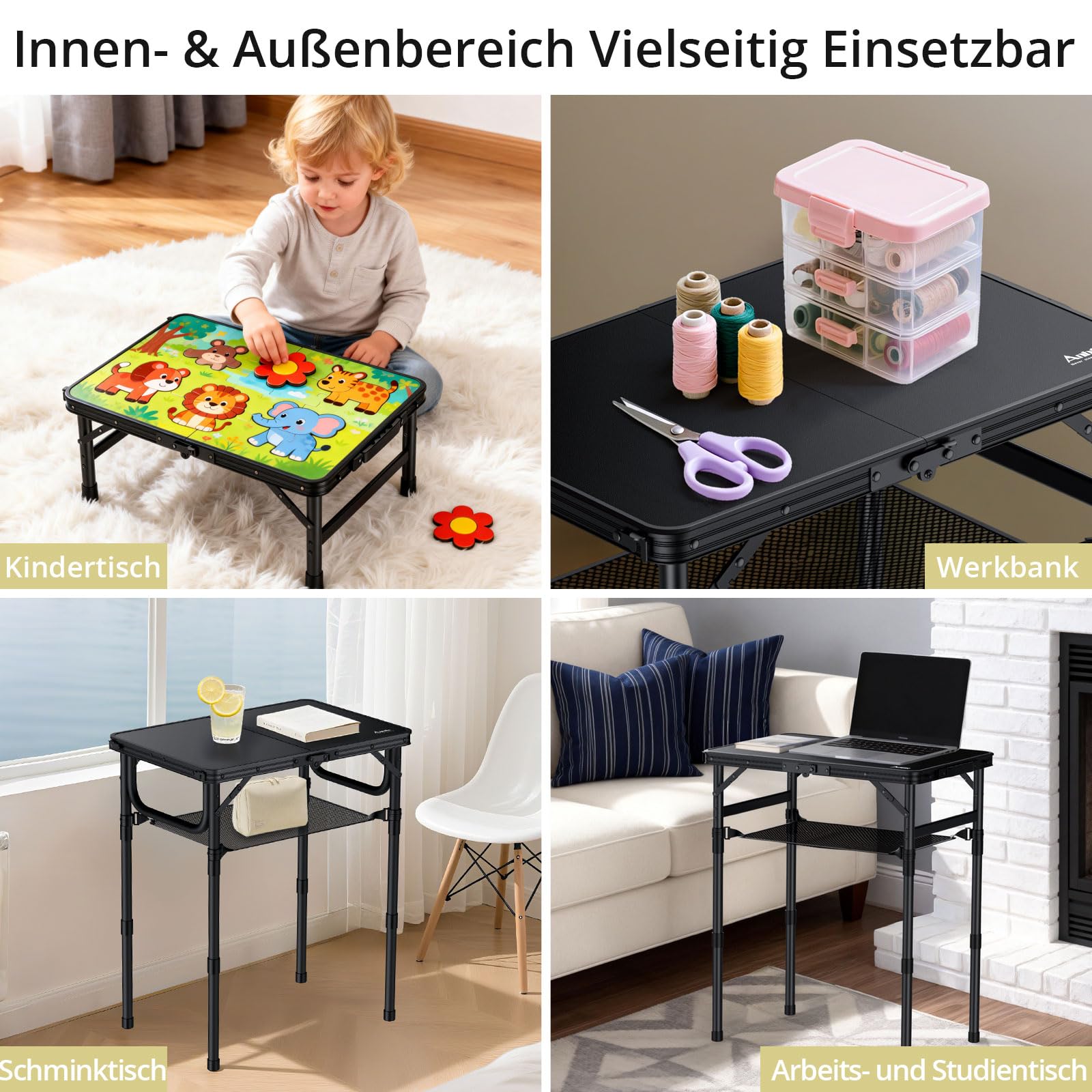 Anbte Campingtisch Klappbar 58x40cm Aluminium-Rahmen & Kunststoff-Tischplatte mit 3 Höhen Verstellbar 26/48/70cm Picknicktisch mit Aufbewahrungsnetz Klapptisch für Garten Balkon (Ganz Schwarz)
