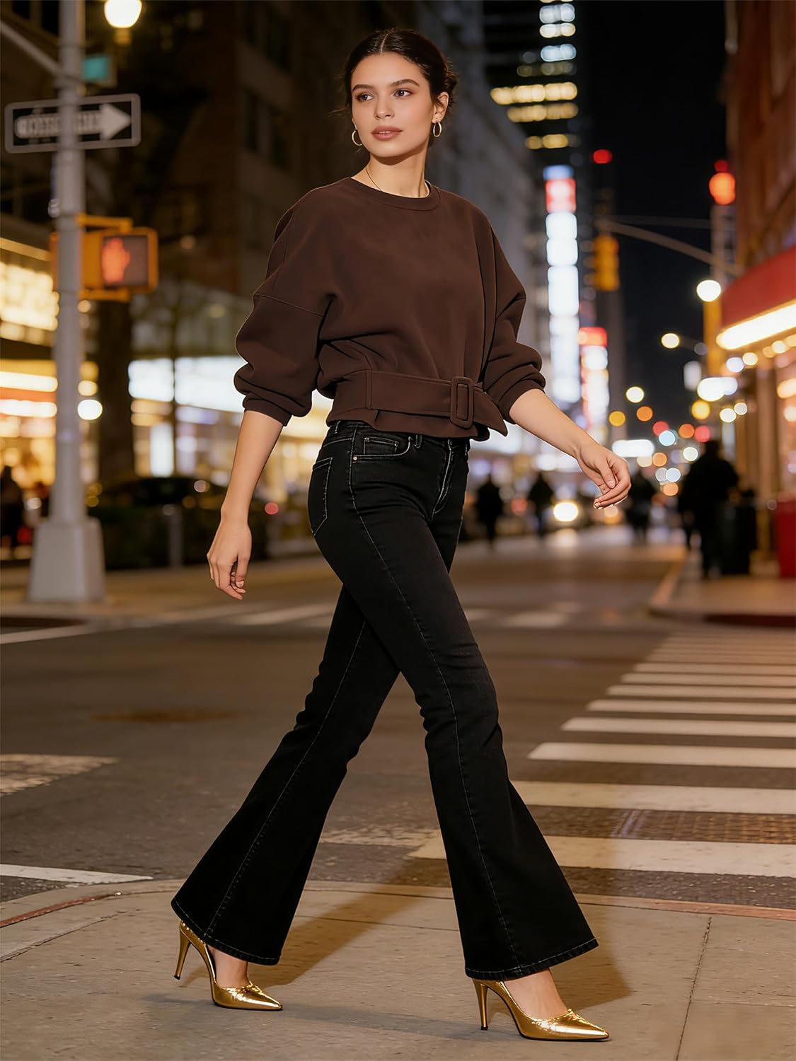 Yidarer Women's Cropped Faux Suede Tops Long Sleeve Crewneck Belted Top Loose Fit Casual 2026 Spring Outfits - Image 6