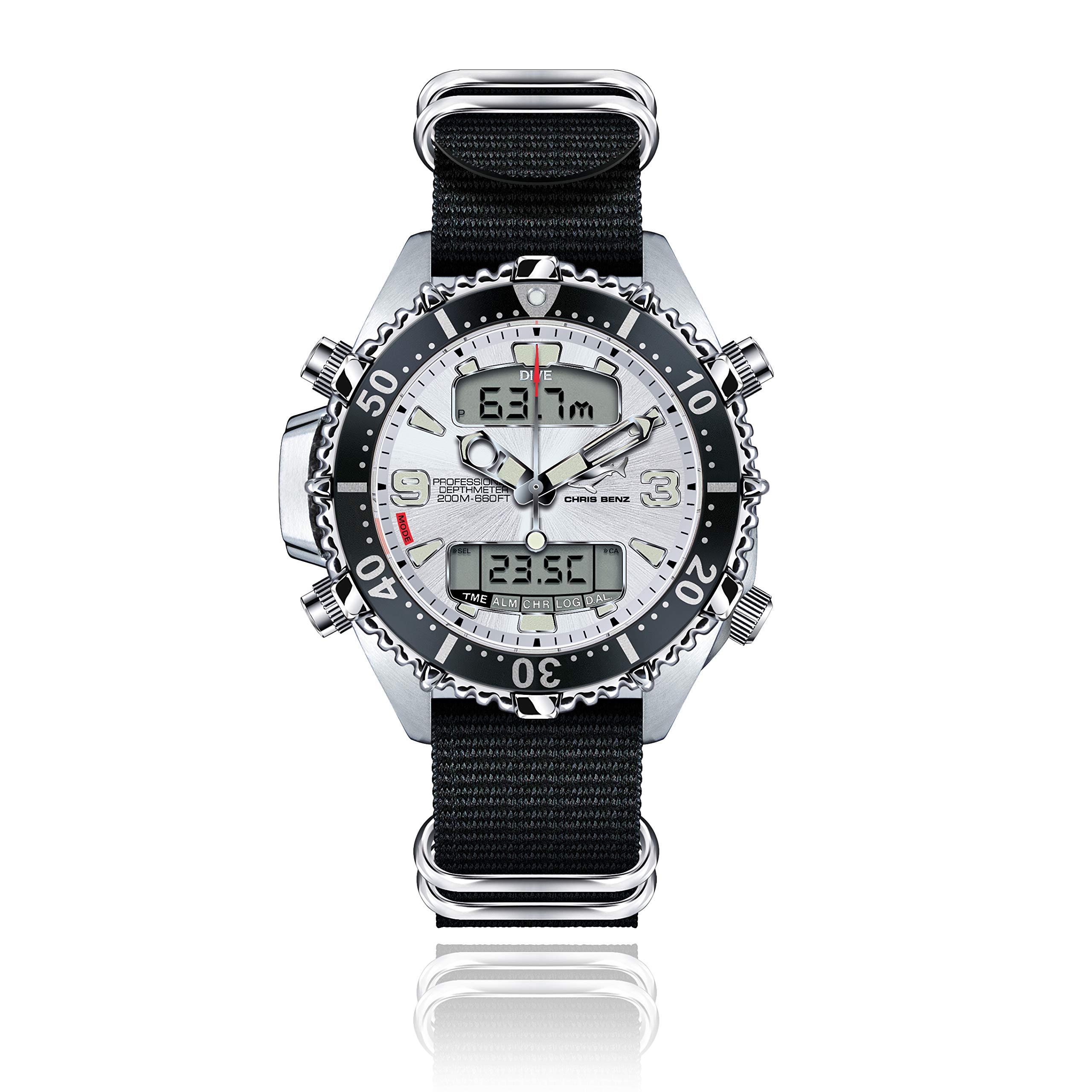 Chris Benz Depthmeter Digital 200M Taucheruhr mit Zulu Ballistic Band, Haifischsilber