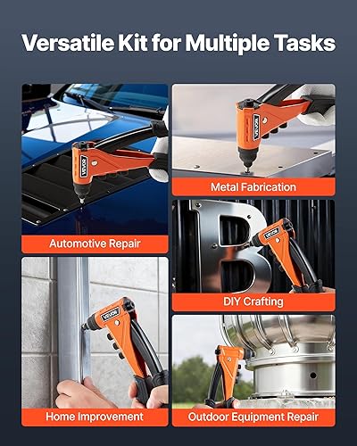 Miniatura 6 de VEVOR Kit de pistola de remache pop, con 200 remaches ciegos, remachador de una sola mano resistente con 4 piezas nasales intercambiables, 4 brocas