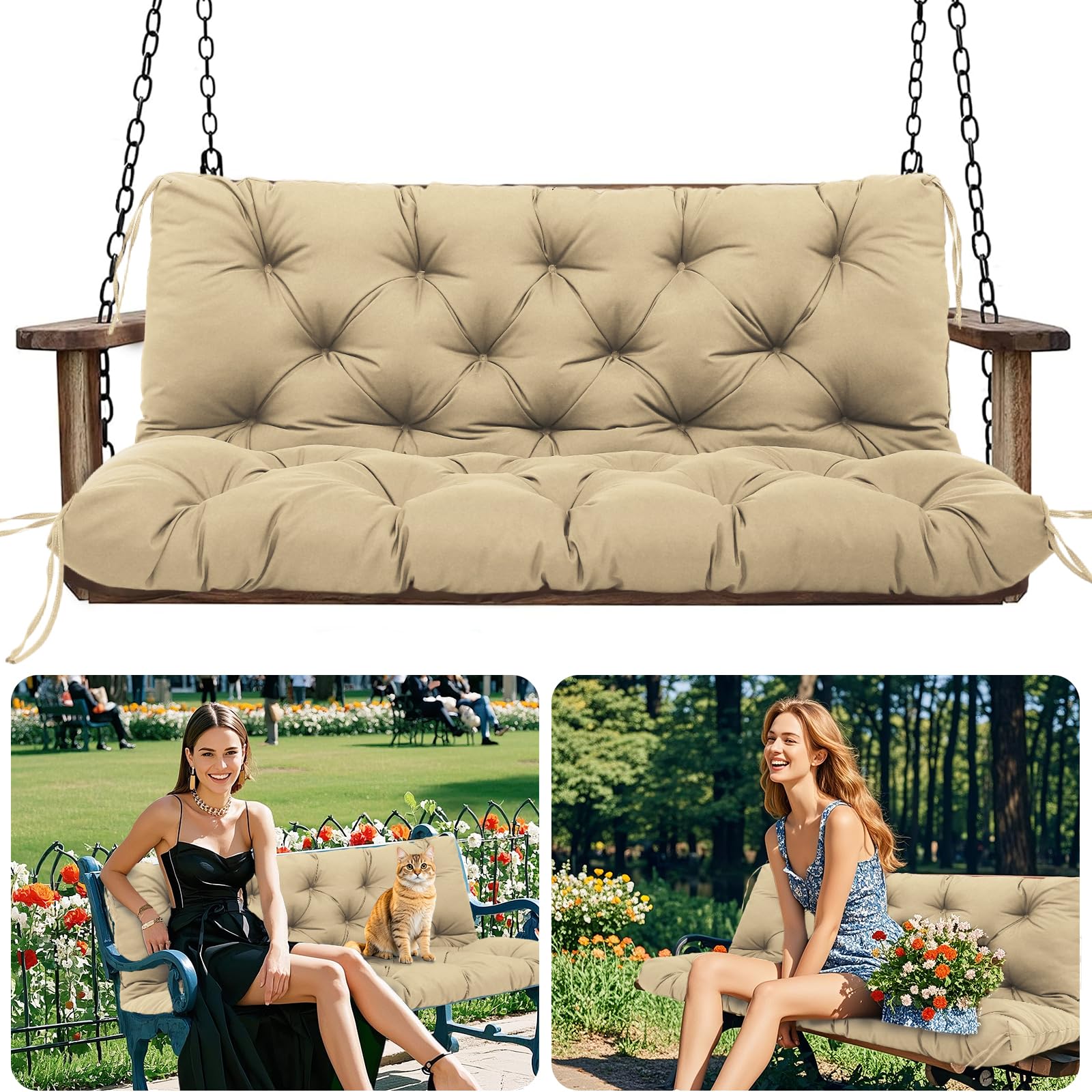 Amdieu Garden Swing Cushions 3 Seater Waterproof Bench Cushions with Backrest and 8 Ties 12cm ﻿Thick Swing Cushions Replacement for Outdoor Furniture Garden Swing Porch Patio(Khaki-120 x 100 cm)