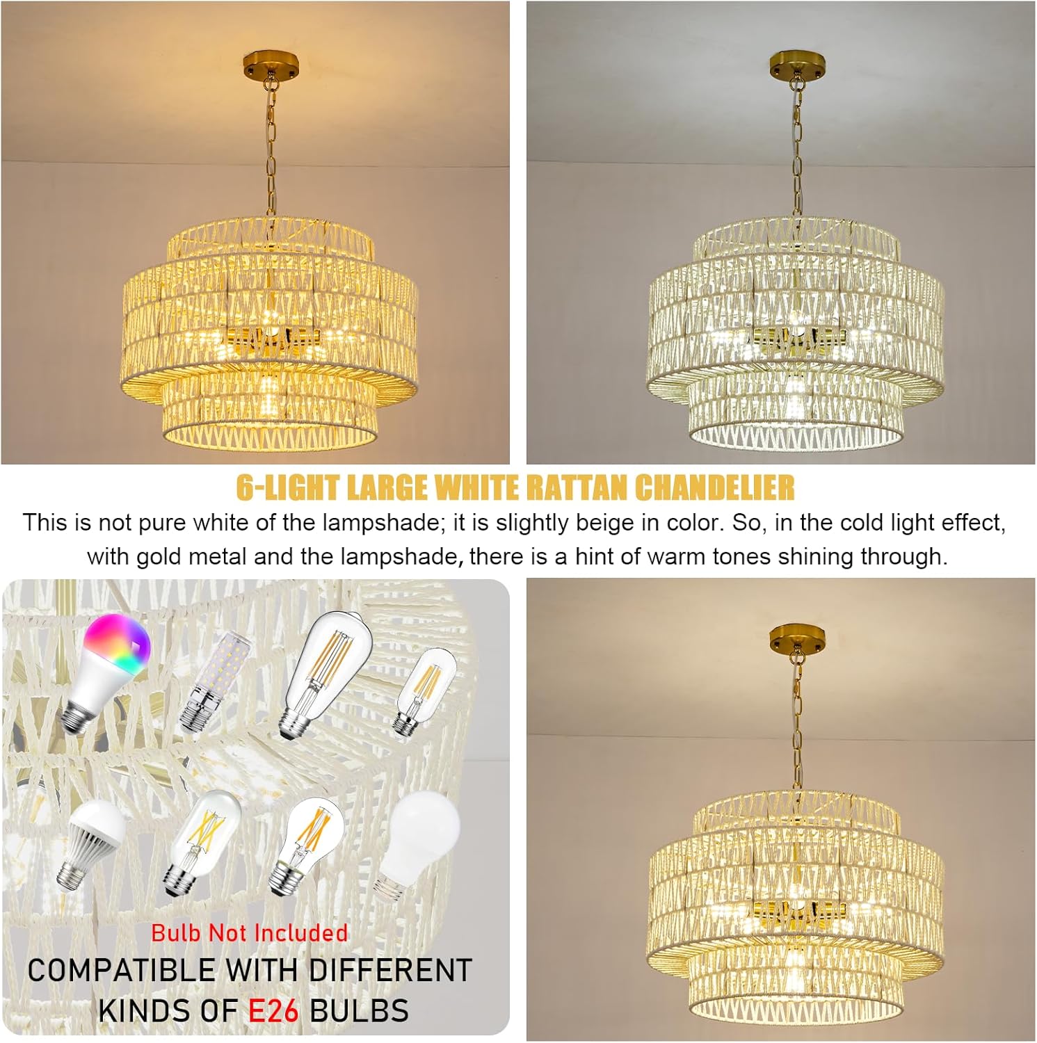 22.83in White Rattan Large Chandelier 3-Tiers Light, 6-Light Hand-Woven Boho Pendant Light Fixtures for Dining Room Living Room Bedroom Kitchen Island Sunroom Foyer Restaurant