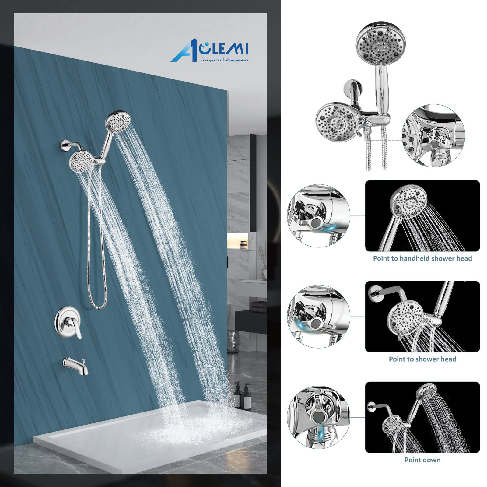 Aolemi Duschsystem Mit Badewannendüse – Wandmontage, 2-in-1 Handbrause, Regendusche