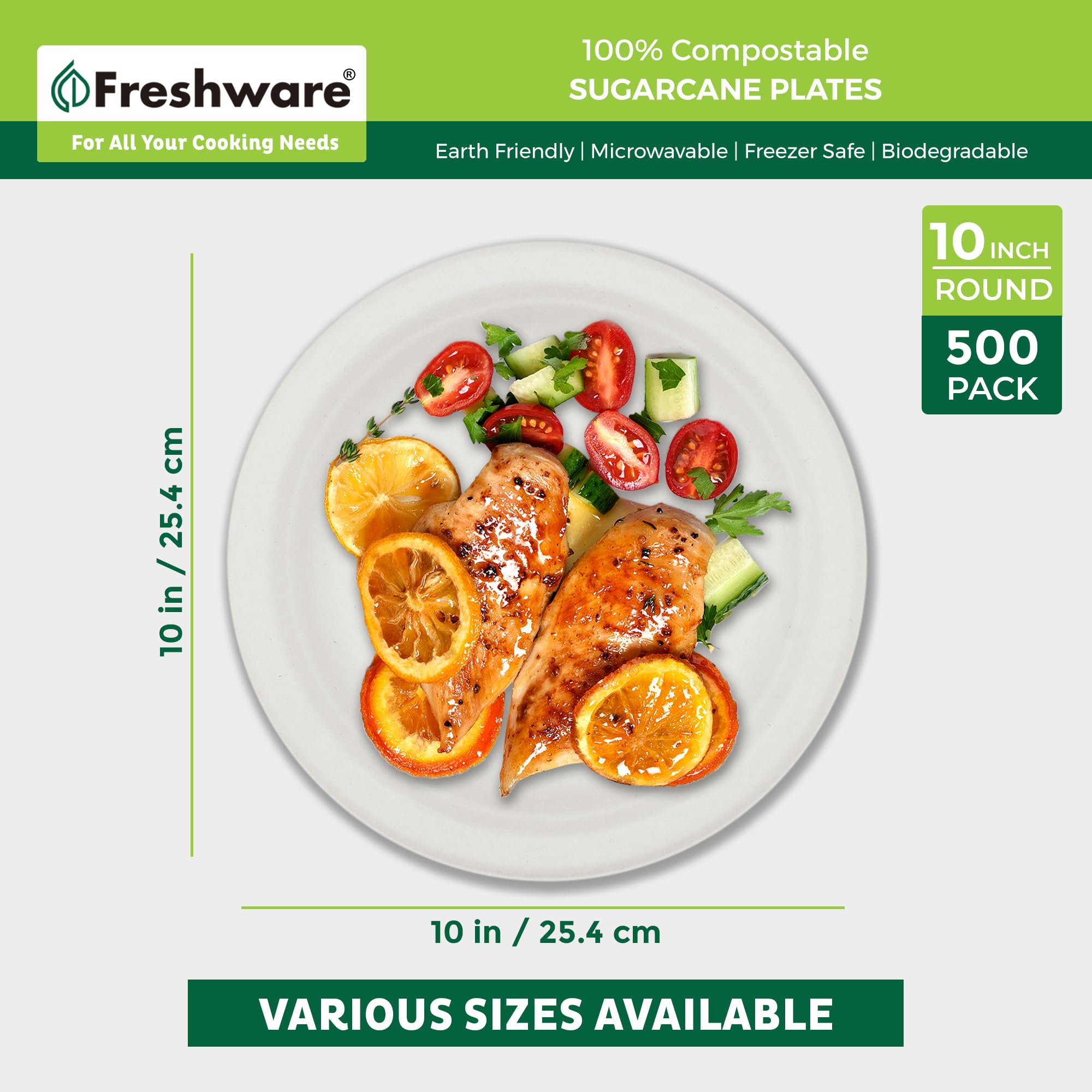 Freshware Piatti di carta usa e getta da 25,4 cm, confezione da 500, piatti piani biodegradabili in fibra di canna da zucchero, resistenti per cibi caldi, adatti per microonde e congelatore, stoviglie