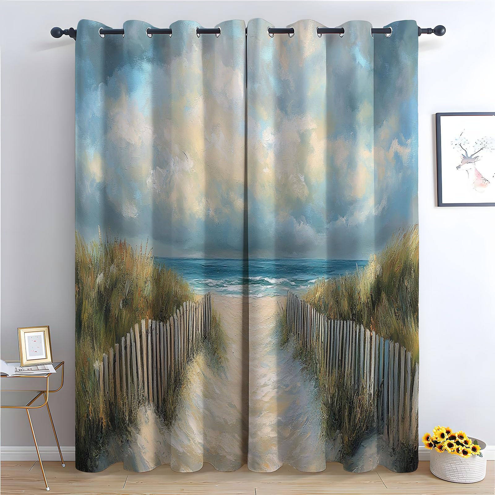 WIKEO Curtains for Living Room Ocean Landscape pattern Blackout Grommet Drapes Printed Pattern Floral Window Curtain Panels for Bedroom Aesthetic, 2 Panels Set-52 W x 96" L (Pack of 2)