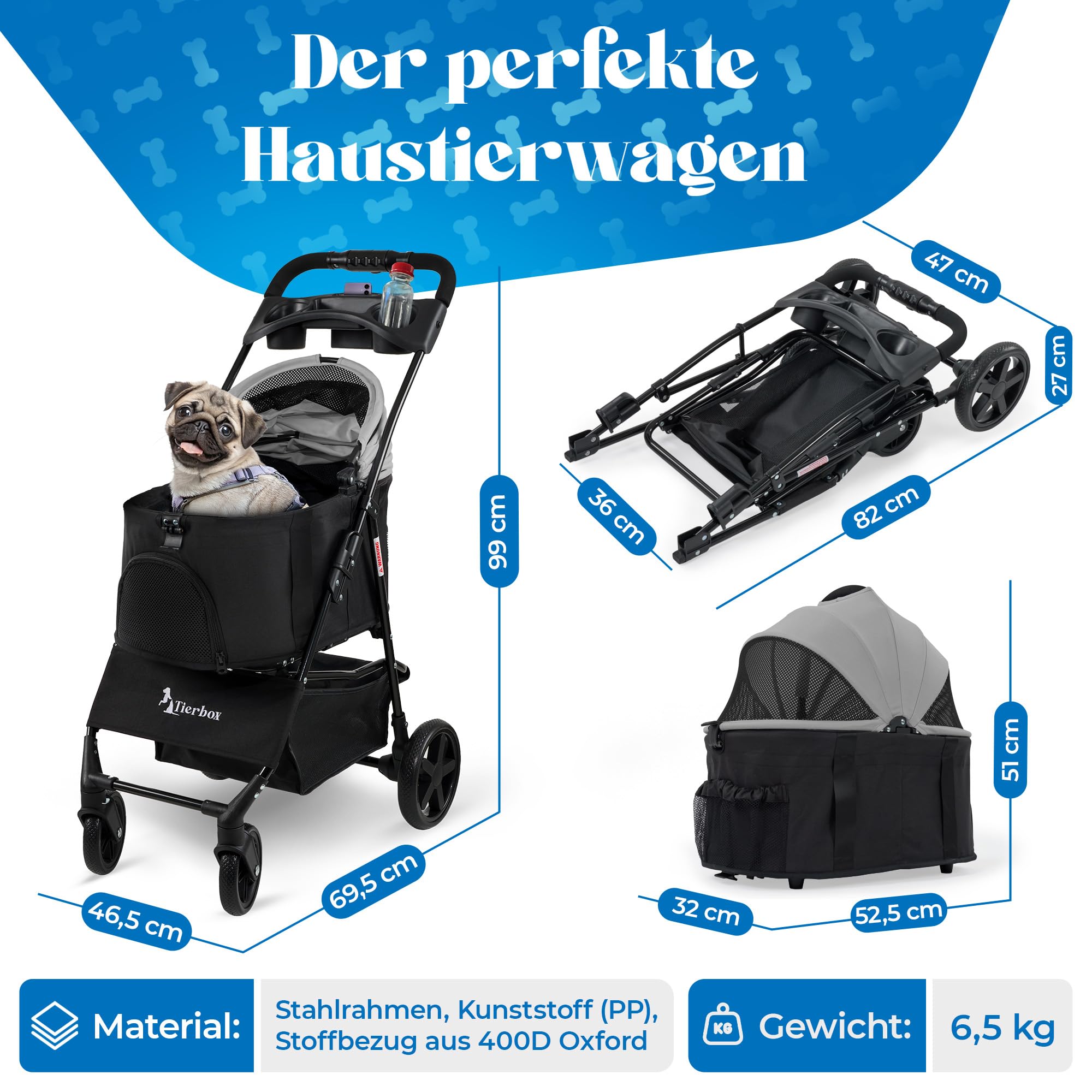 Hundebuggy bis 10kg Hundewagen für kleine Hunde klappbar mit QuickFold, Katzenwagen in Grau