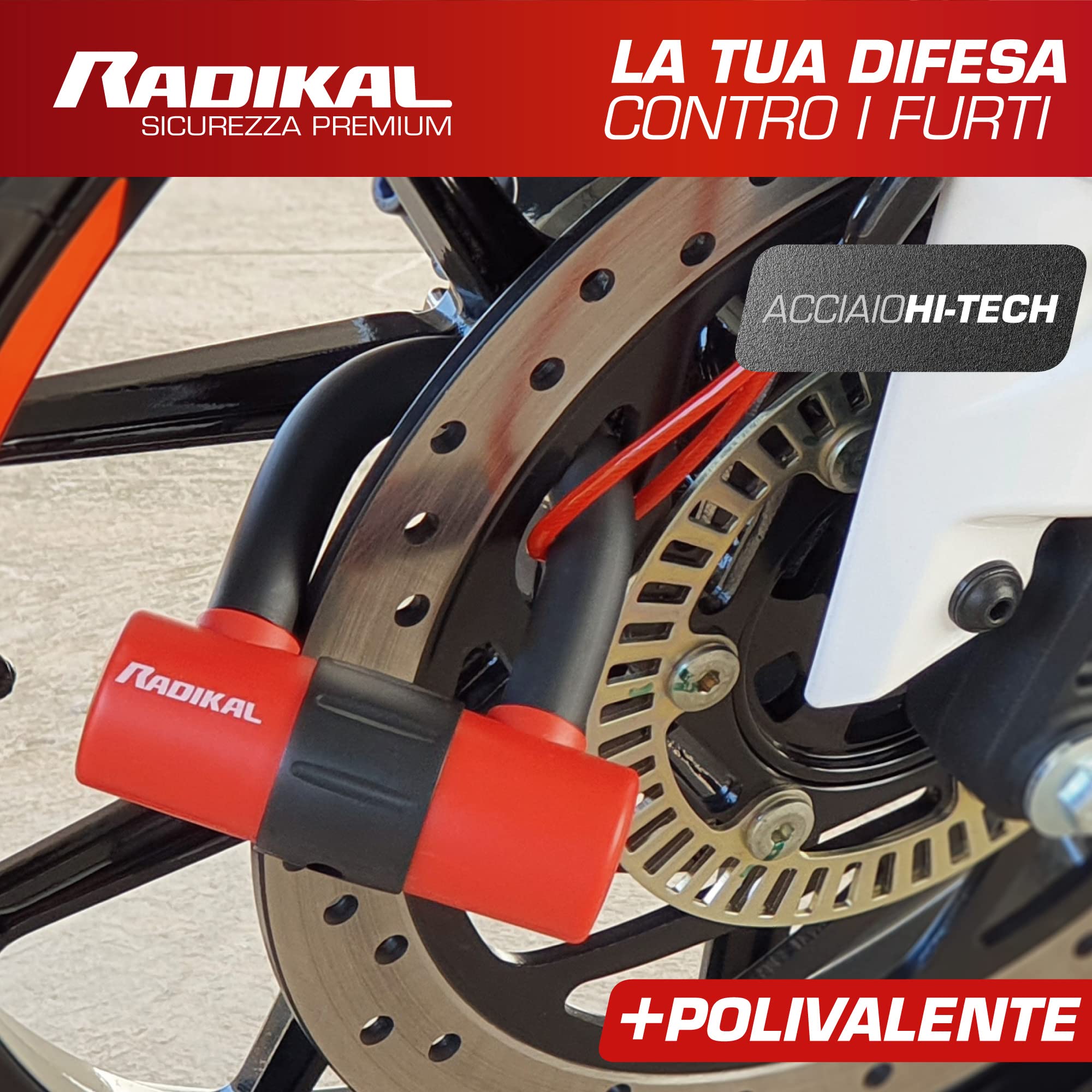 RADIKAL RK72 Lucchetto Antifurto Moto Mini U, Doppia Sicurezza e Doppia Funzione per Disco o Catena, Archetto 14mm e Serratura ad Alta Sicurezza, Cavo Promemoria, Bloccadisco per Moto, Scooter e Bici