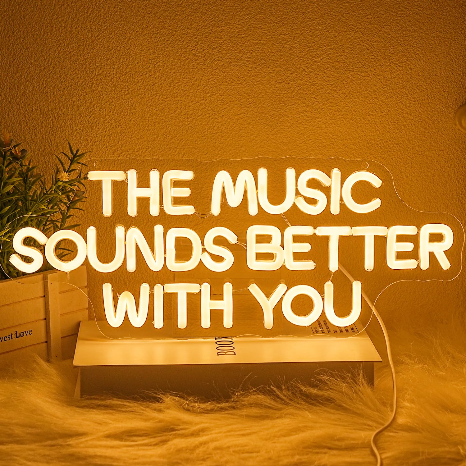LMSIGNLY The Music Sounds Better With You Neonschild für Wanddekoration, Musik-Neonlichter, warmweißes Buchstaben-LED-Schild, dimmbar, USB-betriebenes Neonlichtschild für Schlafzimmer, Musikstudio