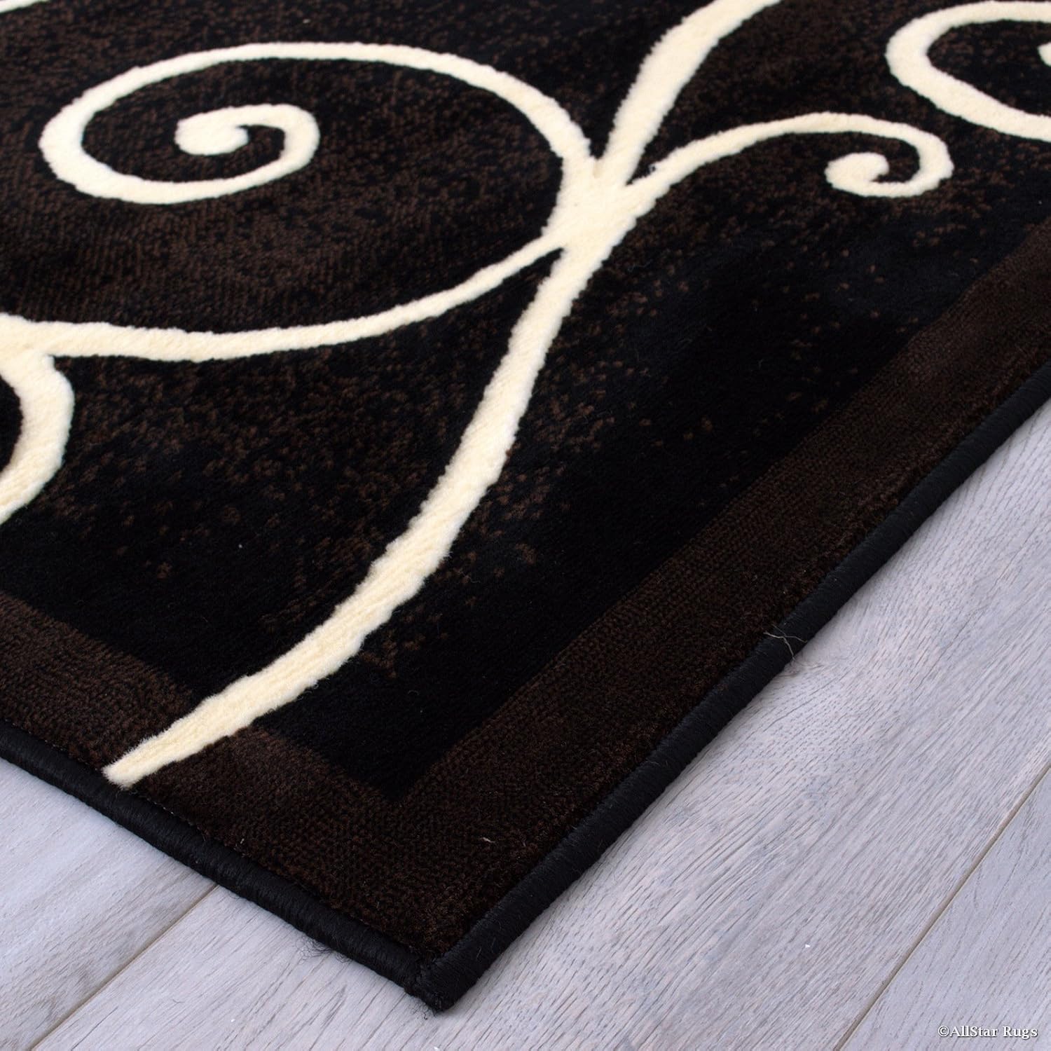 Allstar 8x10 Black and Espresso Modern and Contemporary Machine Carved Rectangular Accent Rug with Ivory Swirl Design (7' 9" x 10' 1")