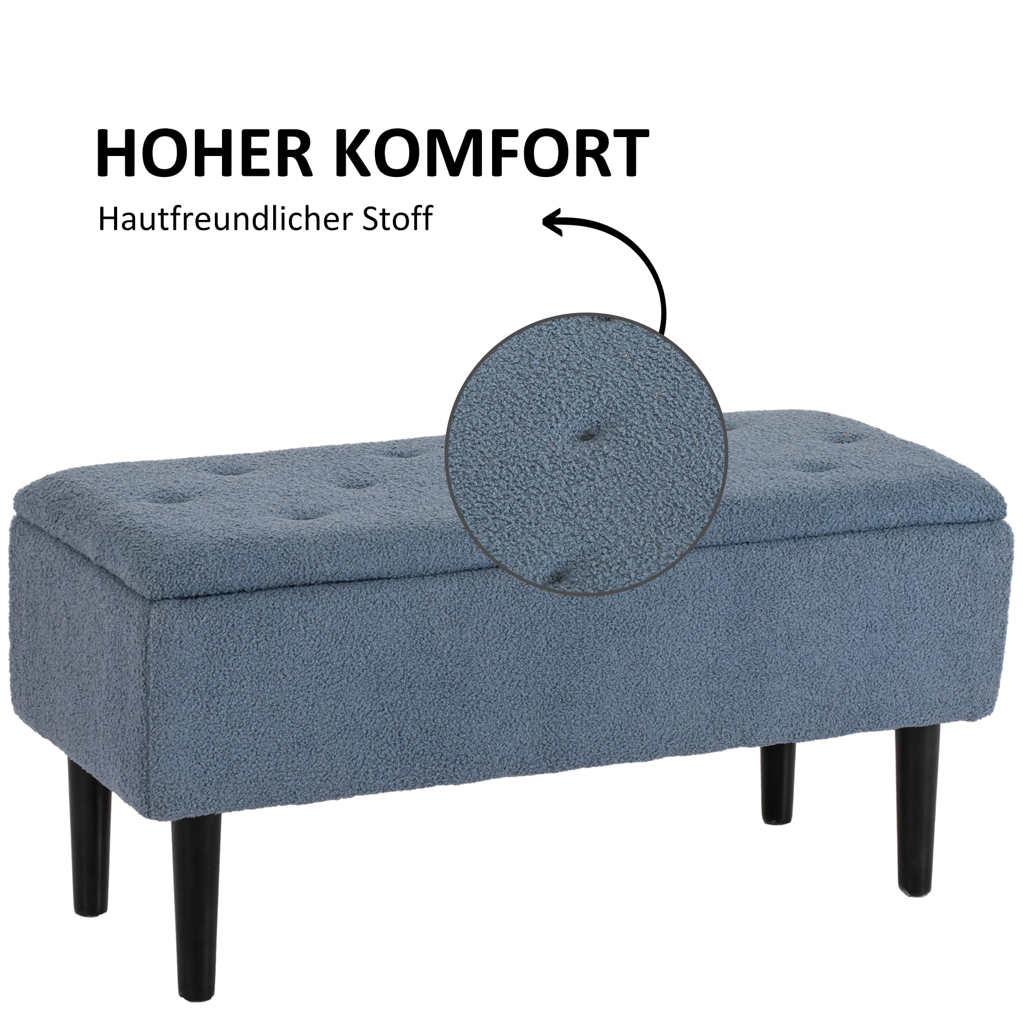 HOMCOM Sitzbank mit Stauraum Polsterbank Klappdeckel 95 x 38 x 45 cm Blau | Samtoptik, Sitztruhe mit Holzbeine, Truhenbank Bettbank, Wohnzimmer, Schlafzimmer, Flur