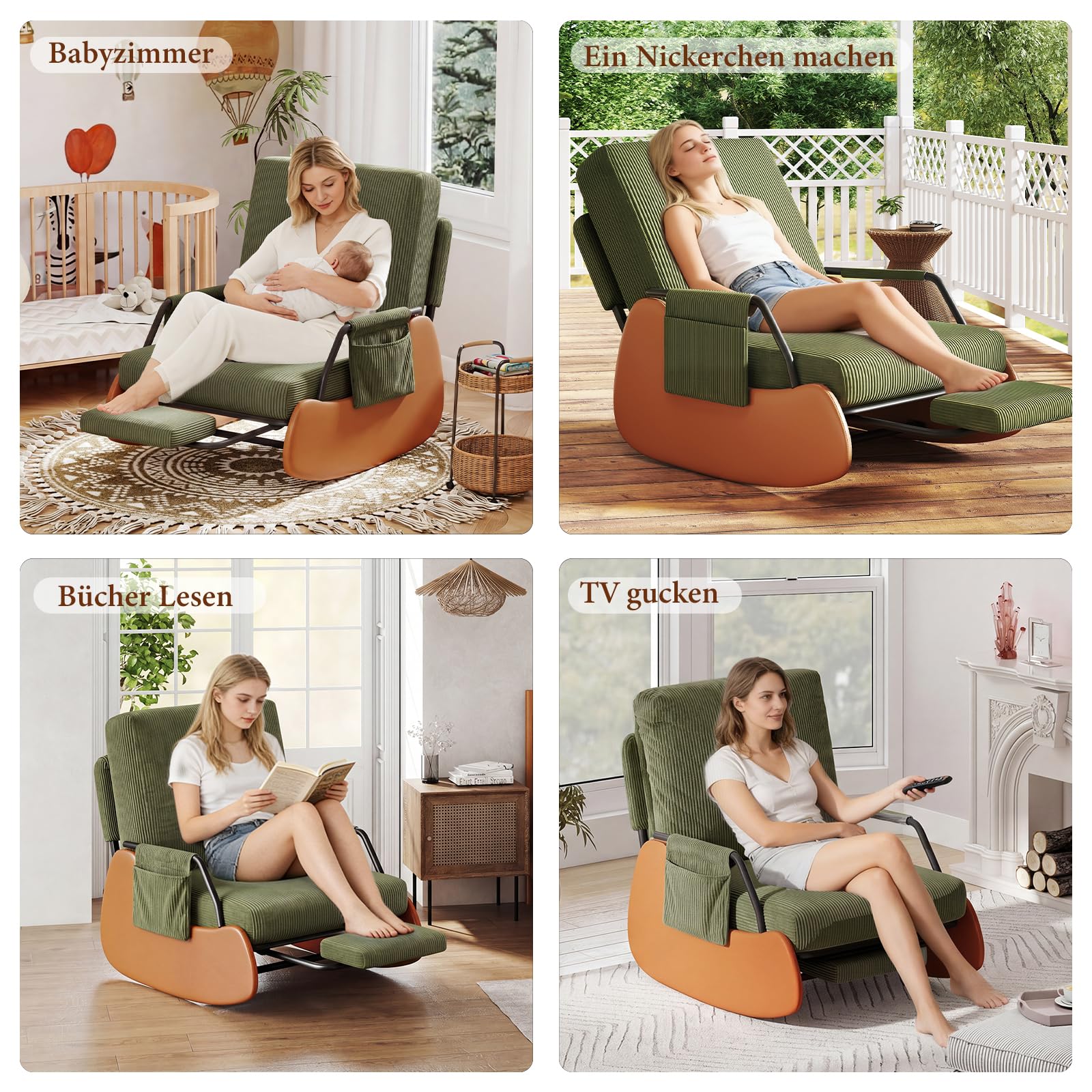 Schaukelstuhl mit Fußstütze, Schaukelsessel mit Verstellbare Rückenlehne, Gepolsterter Breiter Relaxsessel Relaxstuhl Sessel mit Seitentaschen für Wohnzimmer Schlafzimmer, Grün