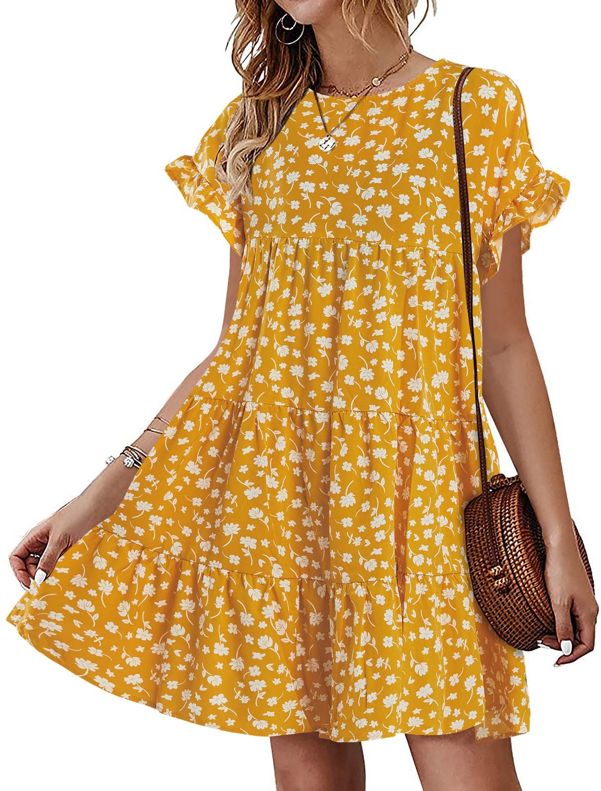 Imysty Womens Boho Babydoll Dress Ruffle Sleeve Summer Pleated Mini Dress