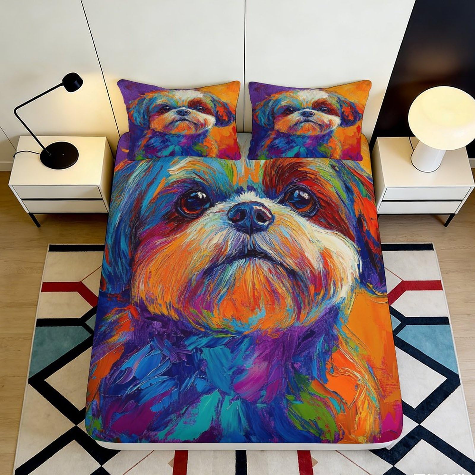 3D Printed Colorful Dog Portrait Fitted Sheet Microfiber Soft Bed Sheet for Bedroom Dorm Mattress Protection Decor 90x200x25cm