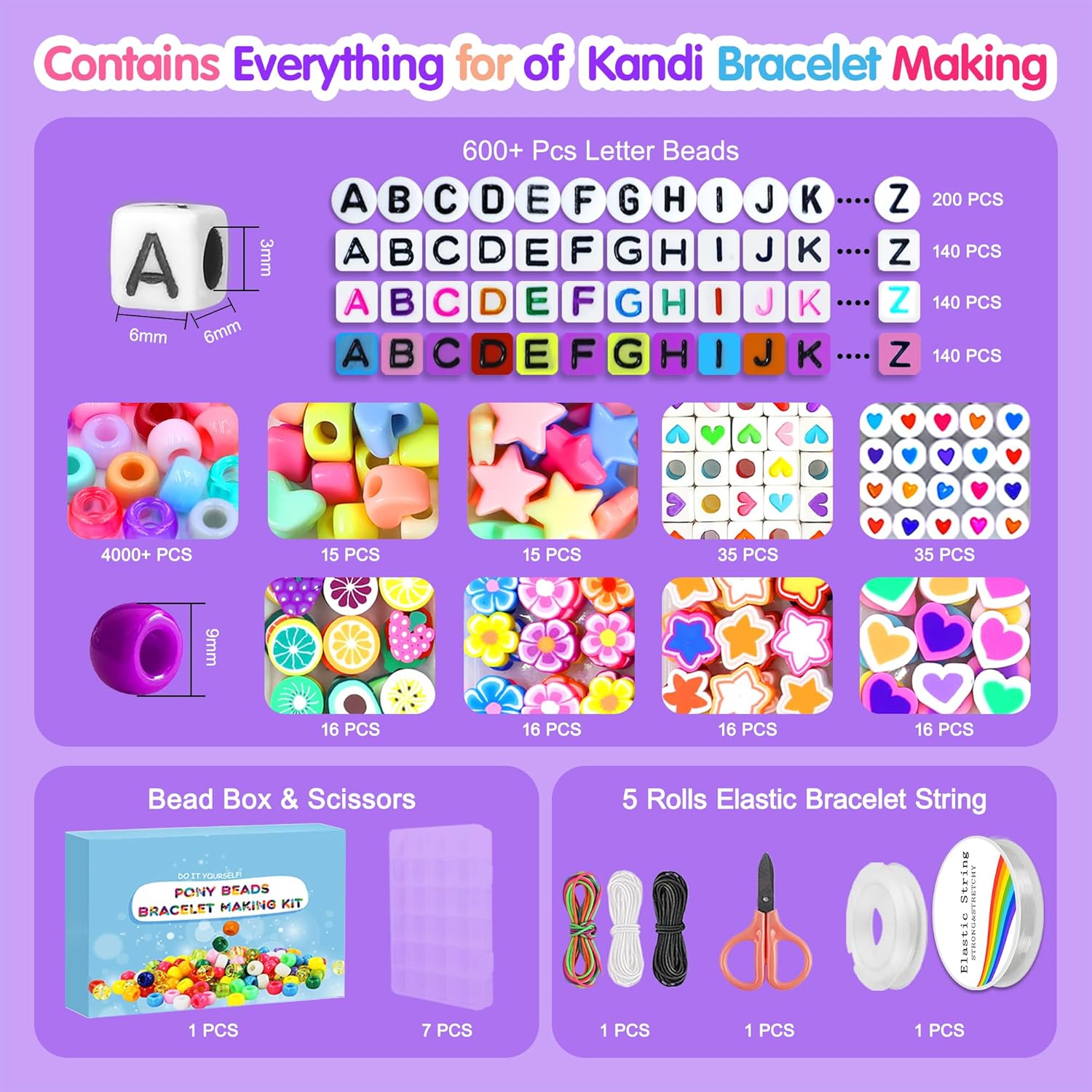 Redtwo 7 Boxes 5000 Pcs Pony Beads Kit, 144 Colors 6x9mm Kandi Beads for Friendship Jewelry Bracelet Making Kit, with 600+Pcs Letter Bead, DIY Crafts Gifts for Tween Girls Kids
