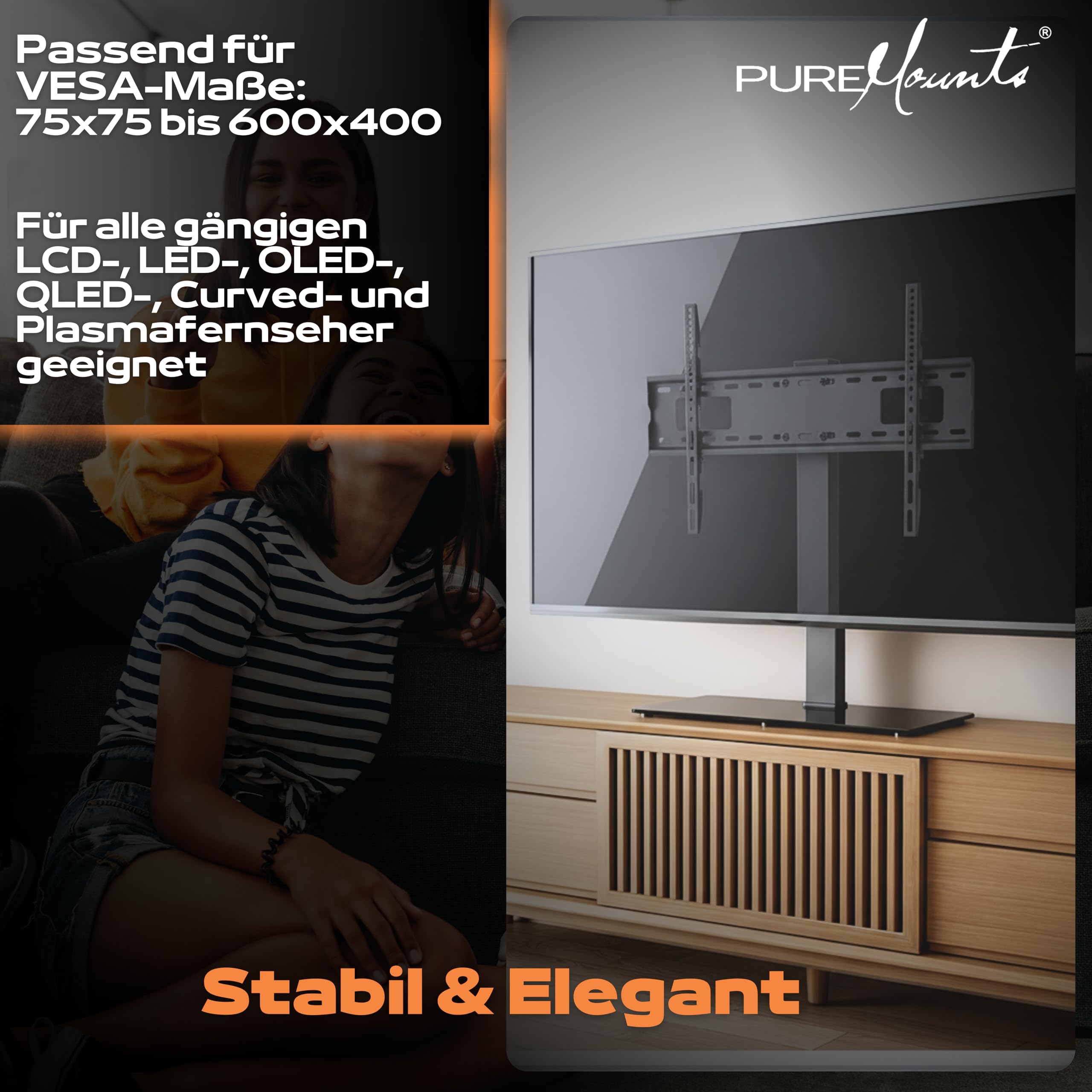 PureMounts Support TV, Pied, Support TV Universel pour 37-70 Pouces Samsung, LG, Philips, Panasonic UVM., Max. Vesa 600x400 & 40 kg, Noir