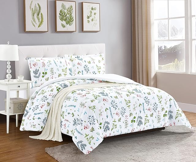 STHL 3 Piece Quilted Bedspread Printed Floral Comforter Warm Soft Bed Throw with Pillow Sham (Double, A02 Floral)